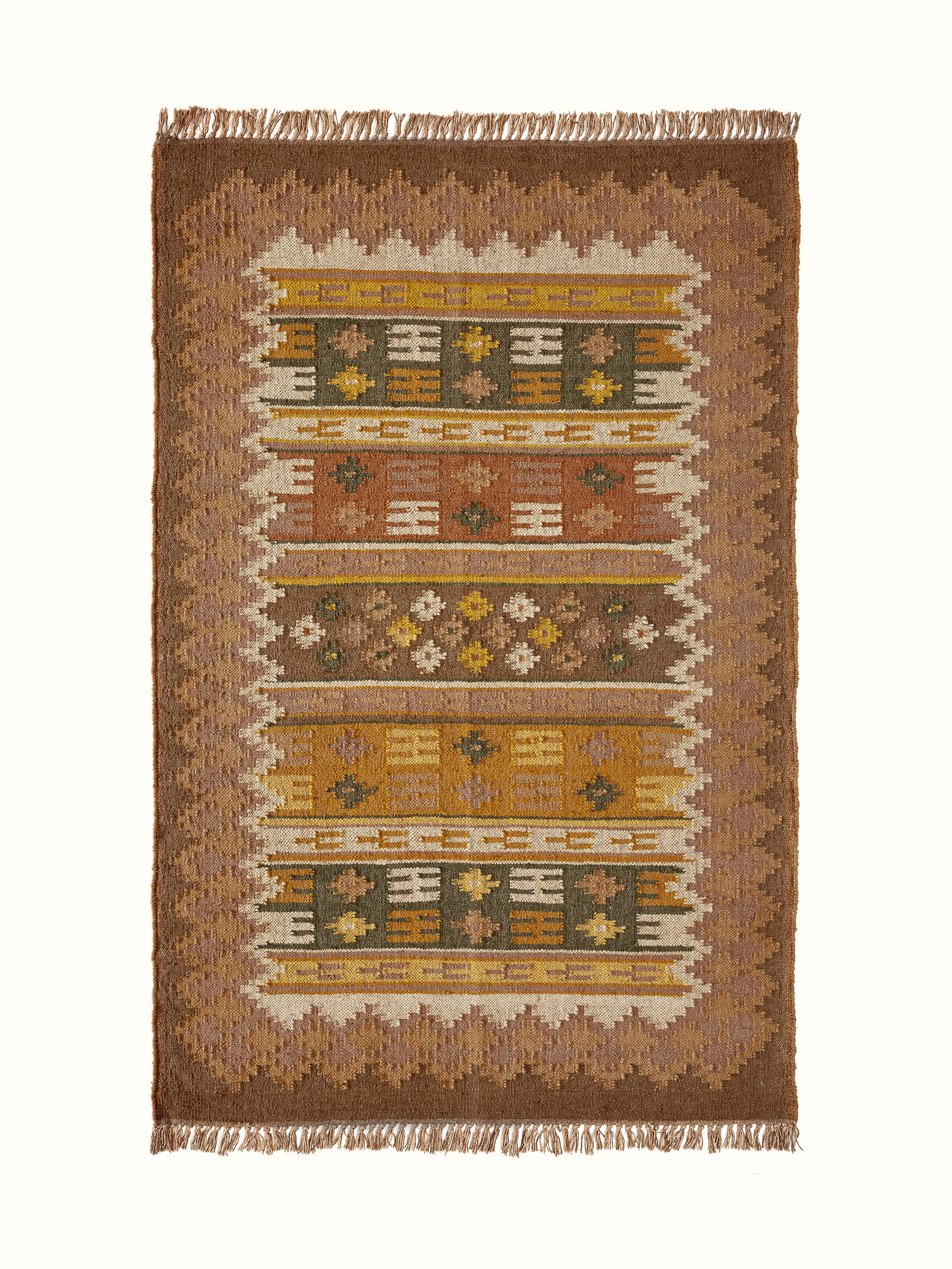 Front view of a traditional kilim brown jute & wool panja dhurrie, showcasing the intricate kilim patterns.