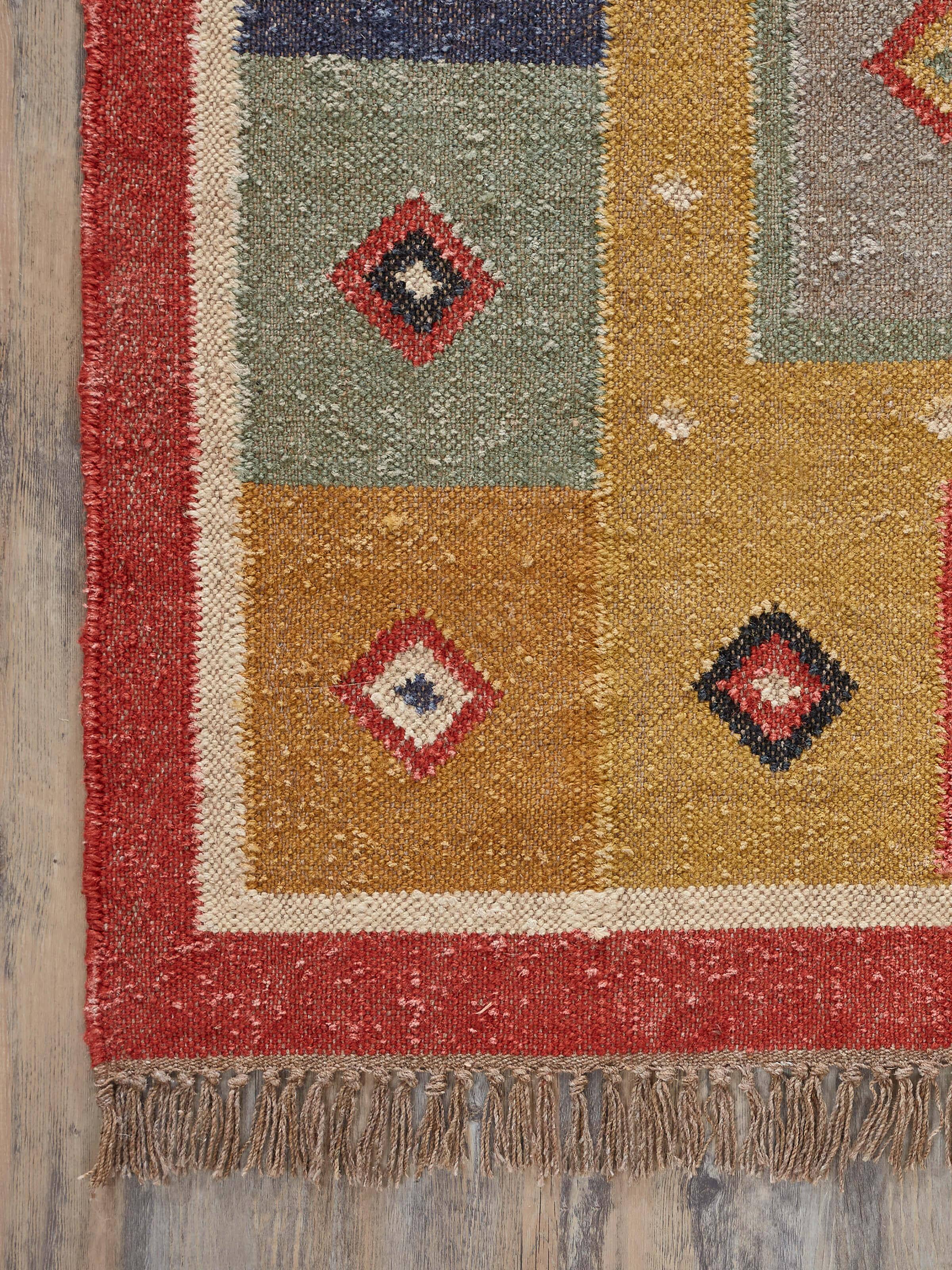 Angle view of Contemporary Blocks Lawan Jute & Wool Panja Dhurrie displaying the overall pattern and color depth.