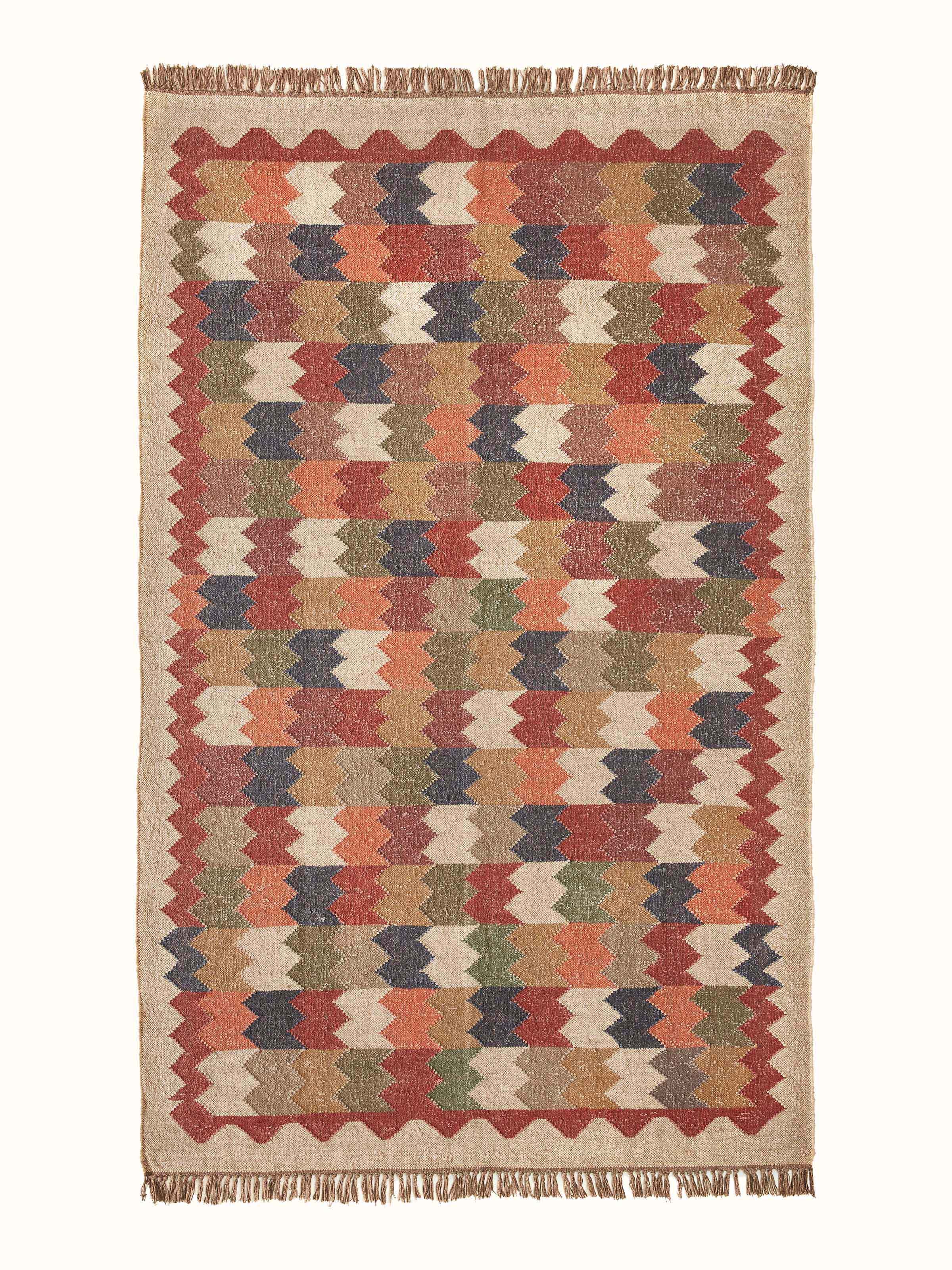 Full view of Geo Chevrons Jute & Wool Panja Dhurrie, showcasing the geometric chevron design and jute-wool blend material.