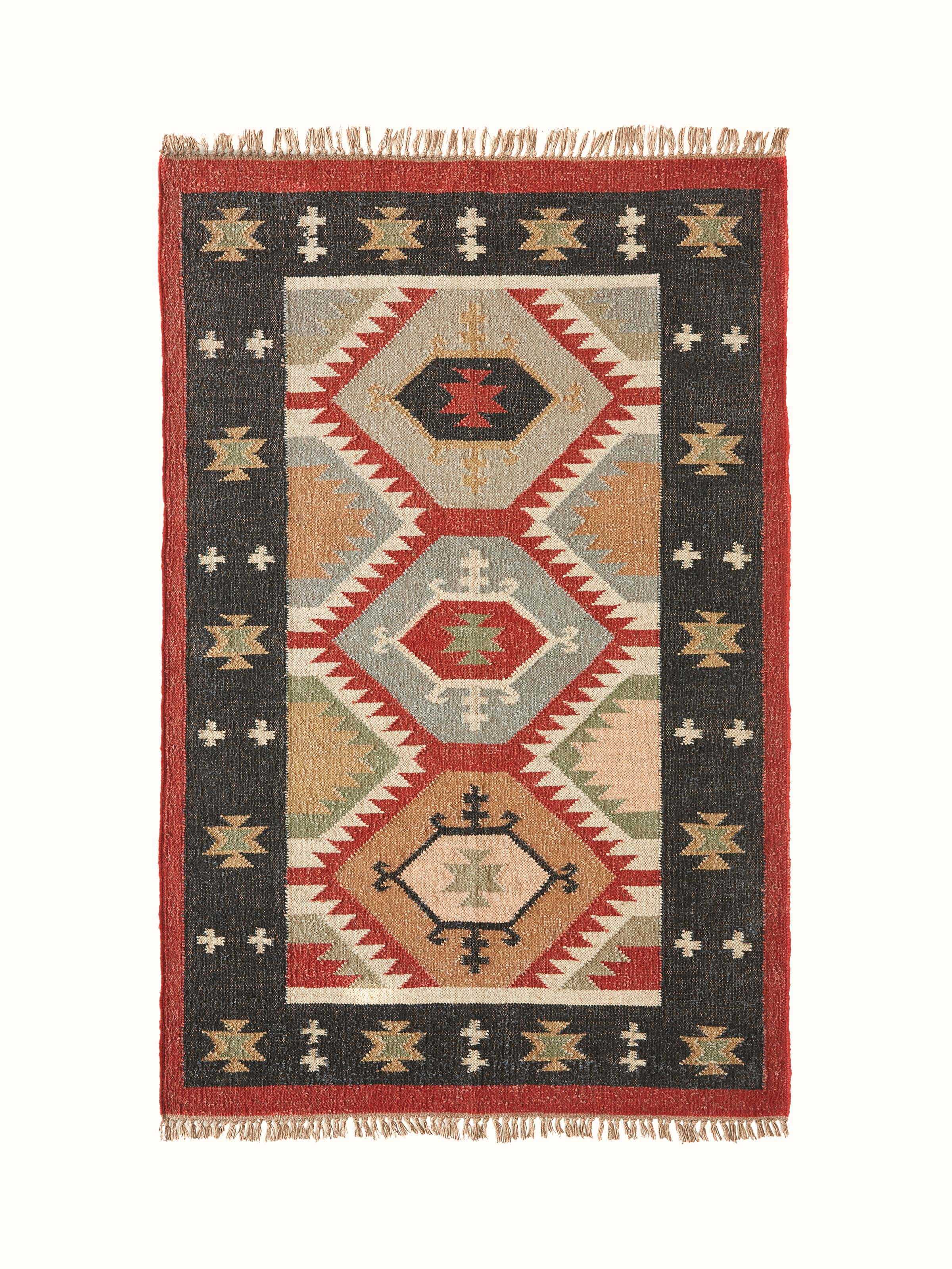 Full view of Traditional Kilim Black Lawan jute & wool panja dhurrie, featuring a black and earthy pattern.