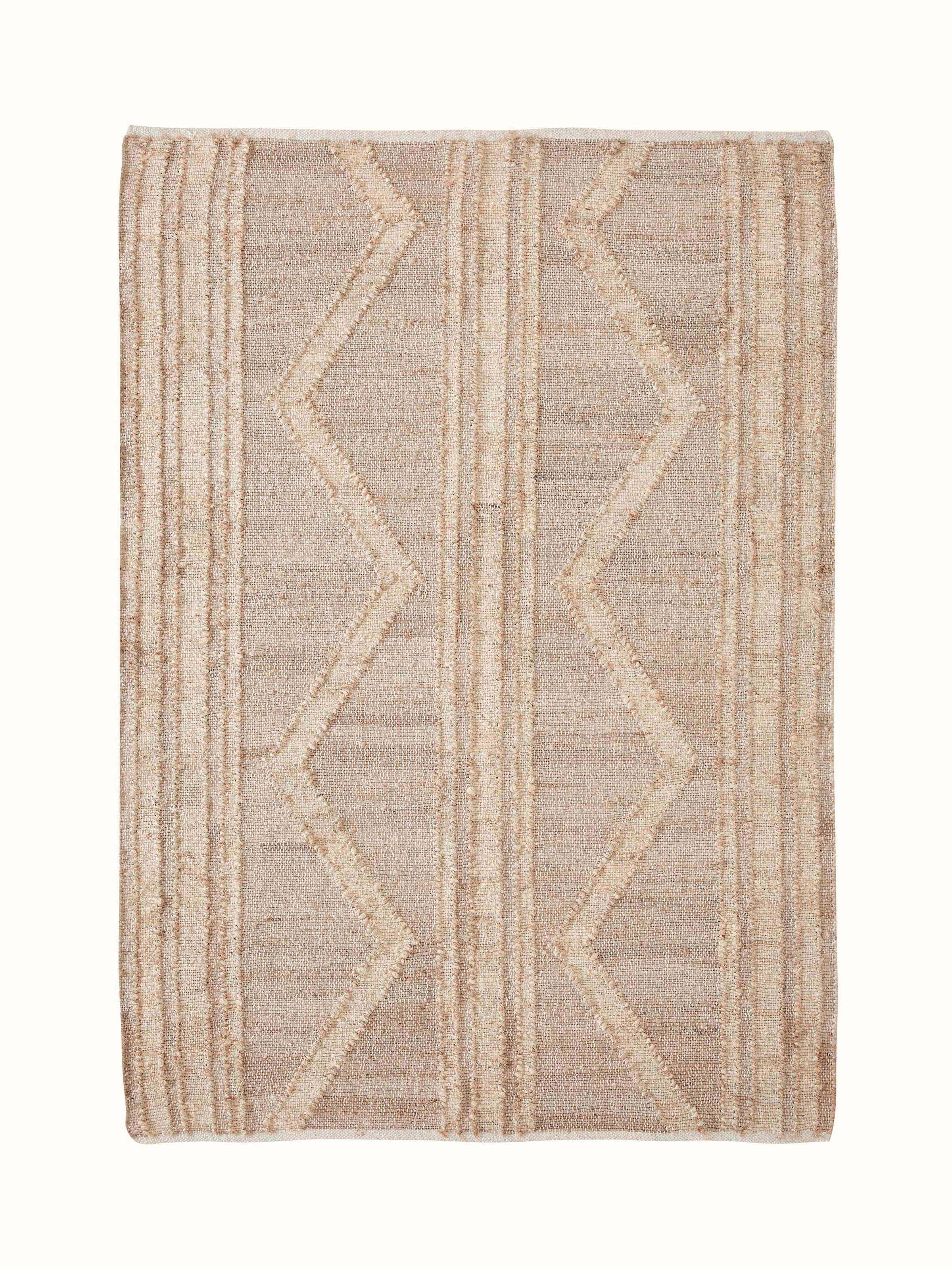 Front view of Contemporary geo beige jute & cotton natural fibre rug (5x8 ft) with a modern geometric design in beige.