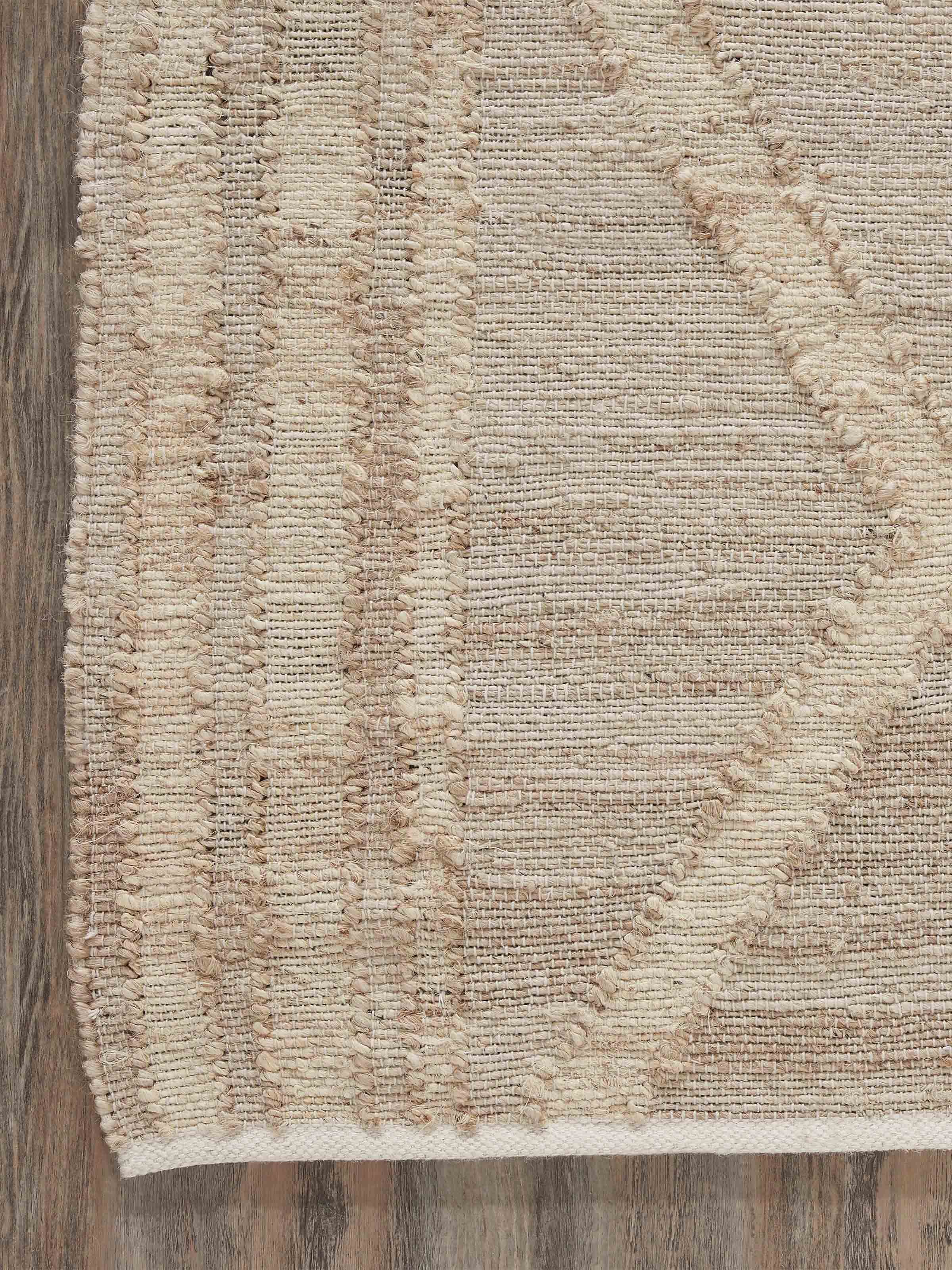 Close-up of Contemporary geo beige jute & cotton natural fibre rug (5x8 ft) focusing on the detailed pattern and texture.