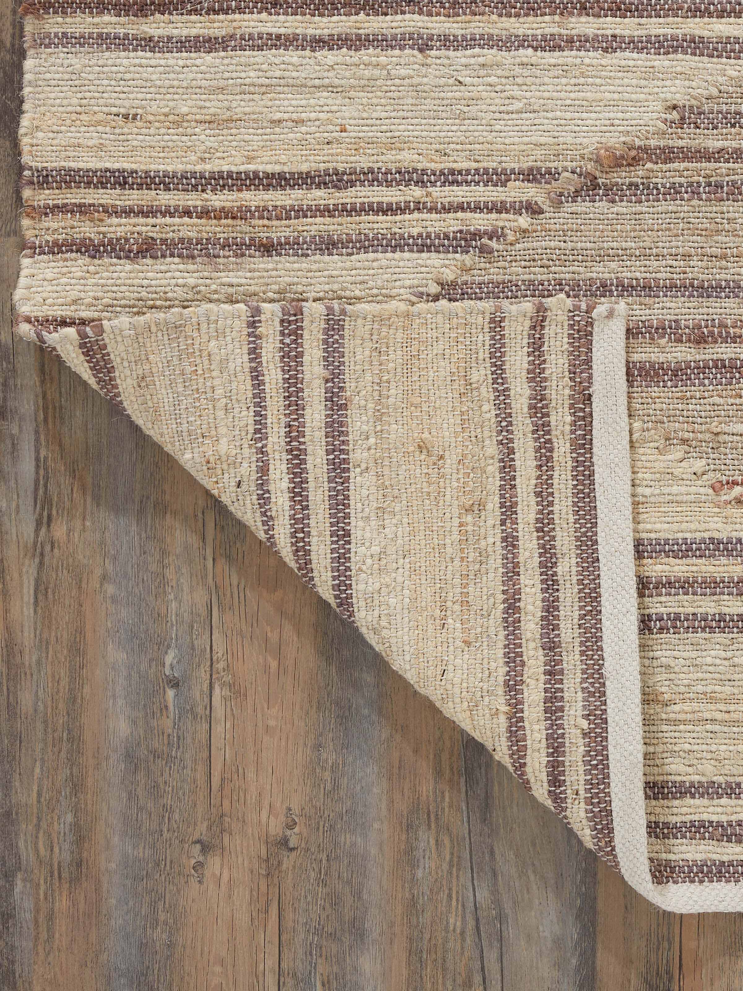 Full view showing the complete Geo Stripes beige brown jute & cotton natural fibre rug