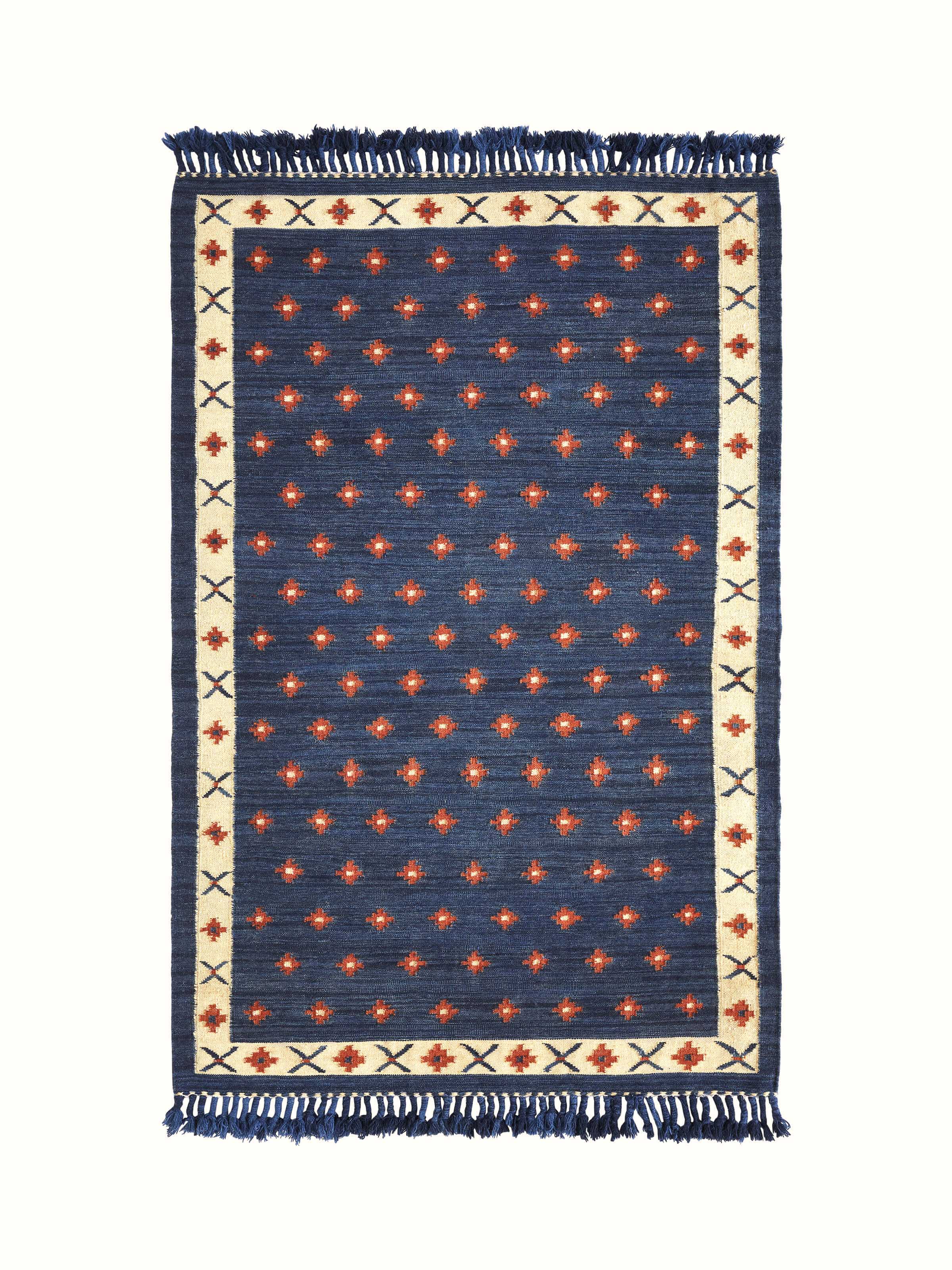 Dotted diamond blue rust salawas wool & cotton panja dhurrie showing intricate dotted and diamond patterns