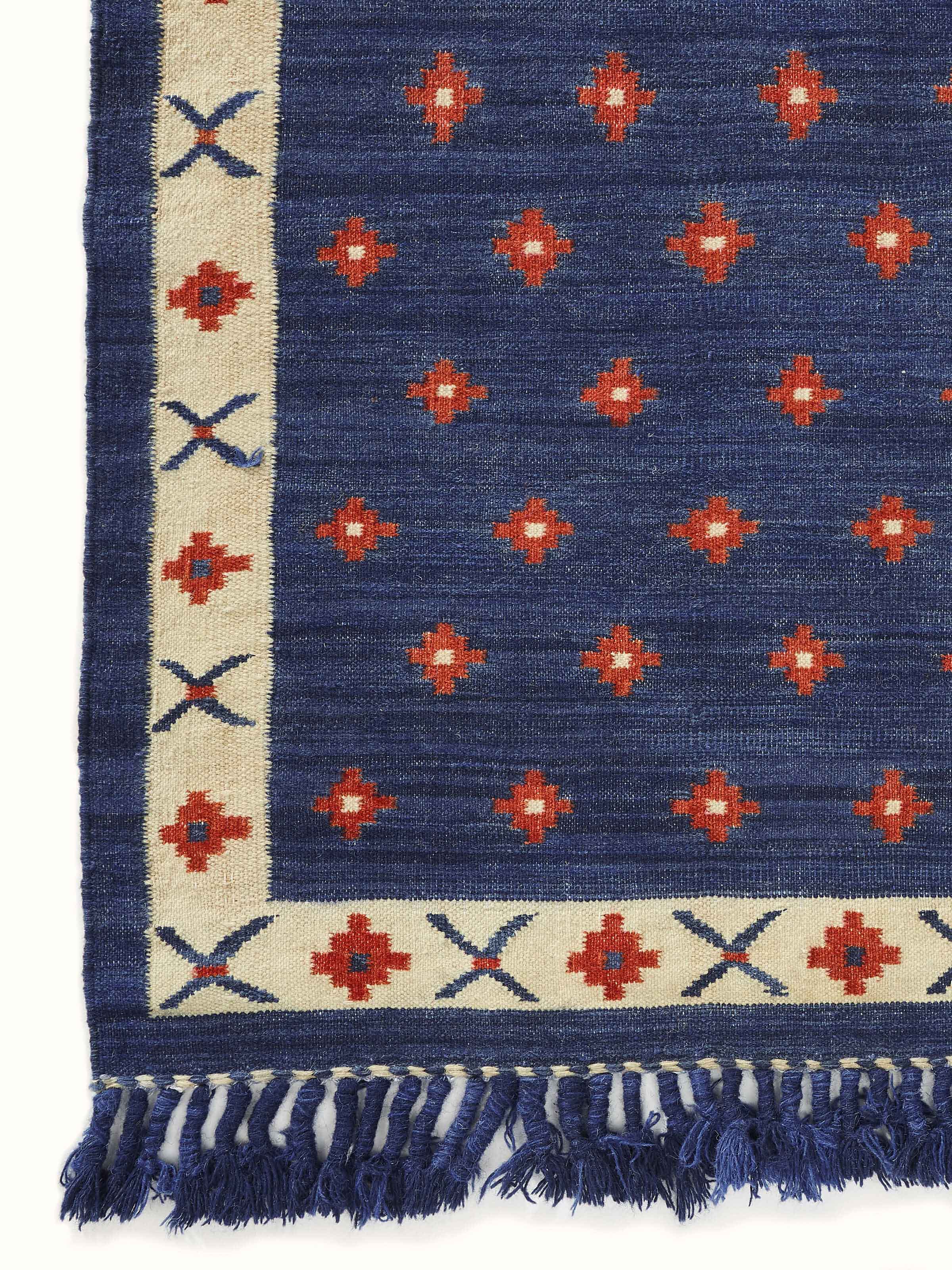 Back view of dotted diamond blue rust salawas wool & cotton panja dhurrie showing the reverse side texture