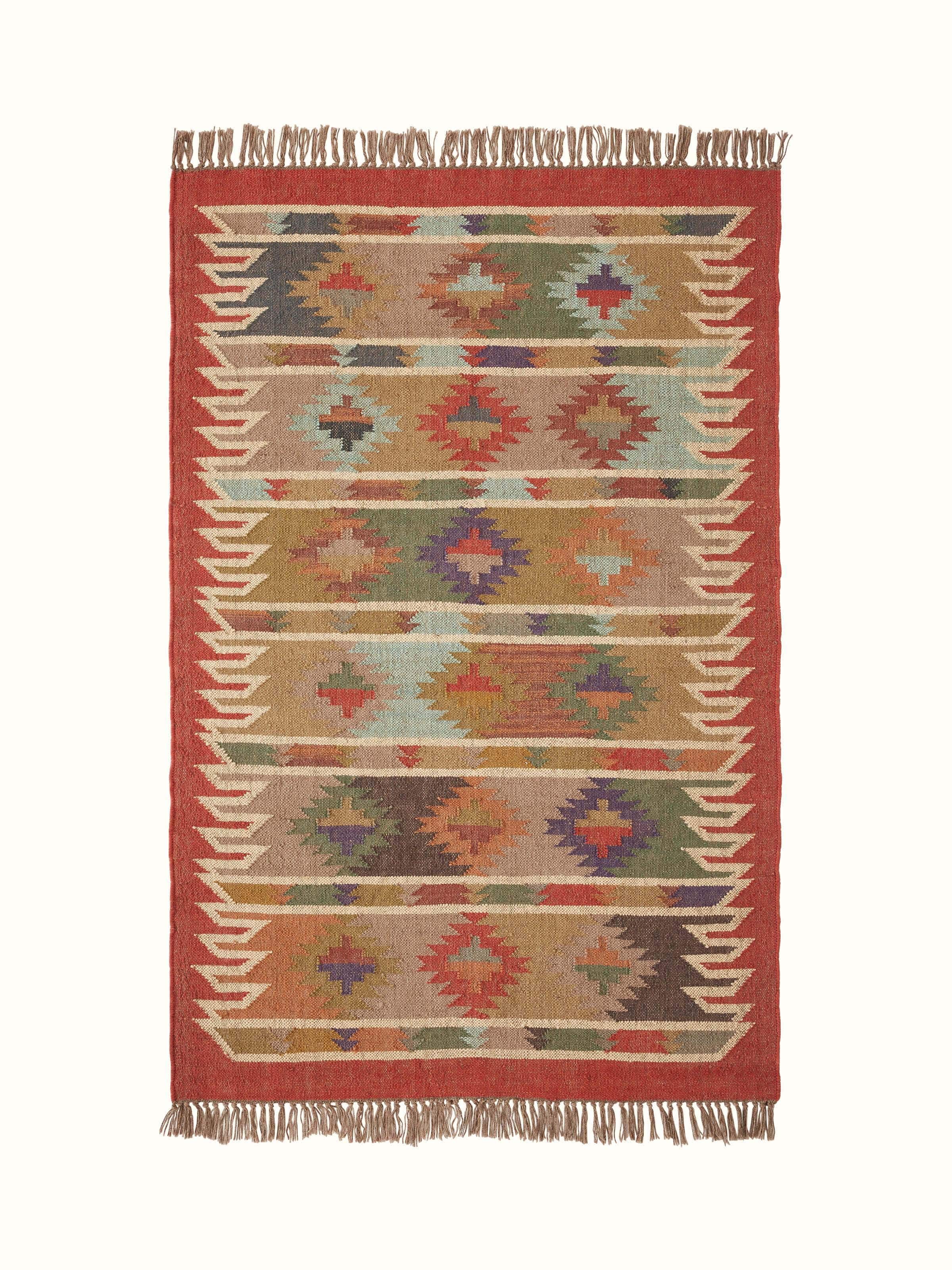 Front view of Traditional kilim rust green lawan jute & wool panja dhurrie featuring a rich, rustic design.