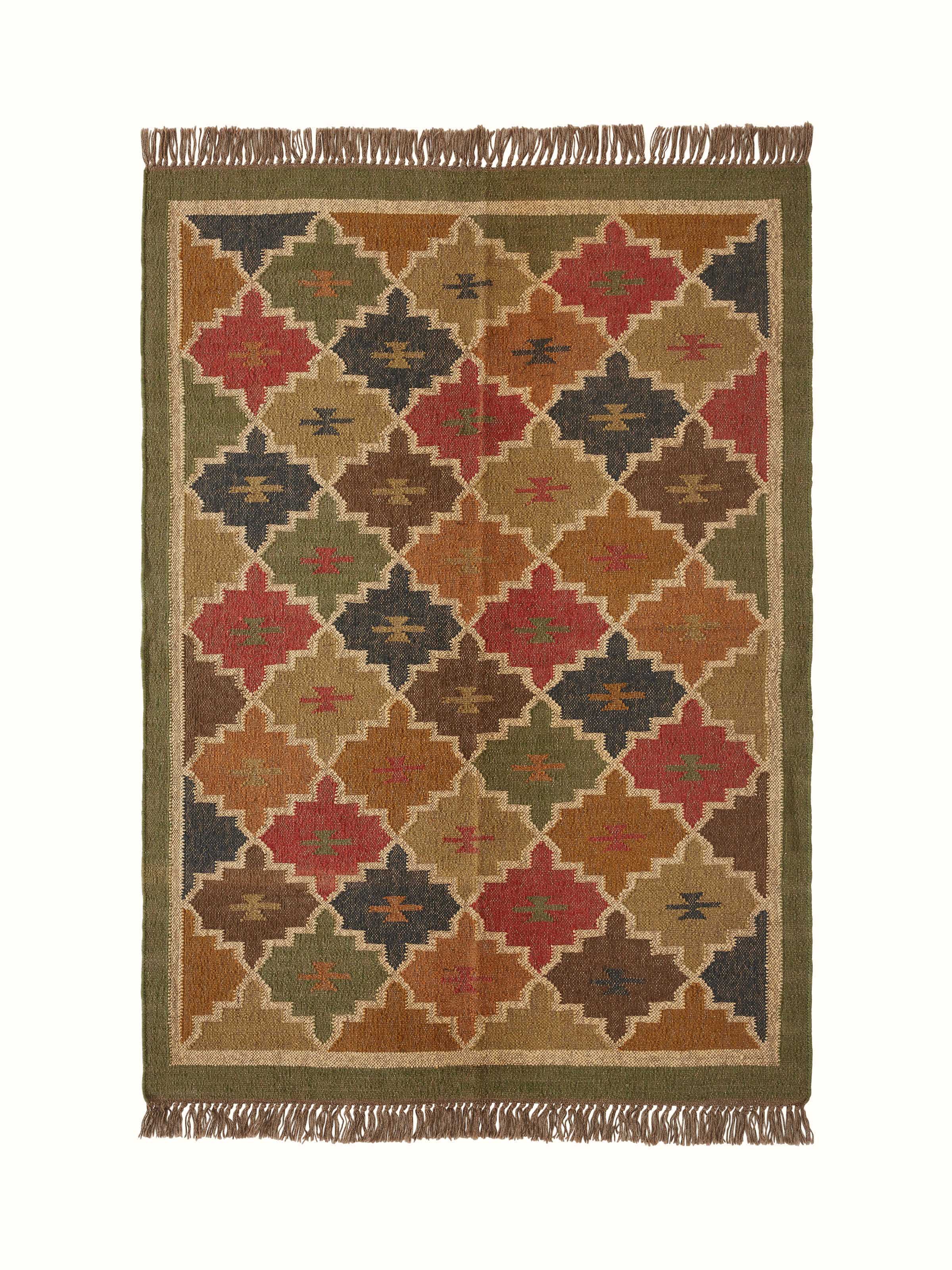 Detailed view of Geo Kilim Salawas Jute & Wool Panja Dhurrie showing intricate geometric patterns.