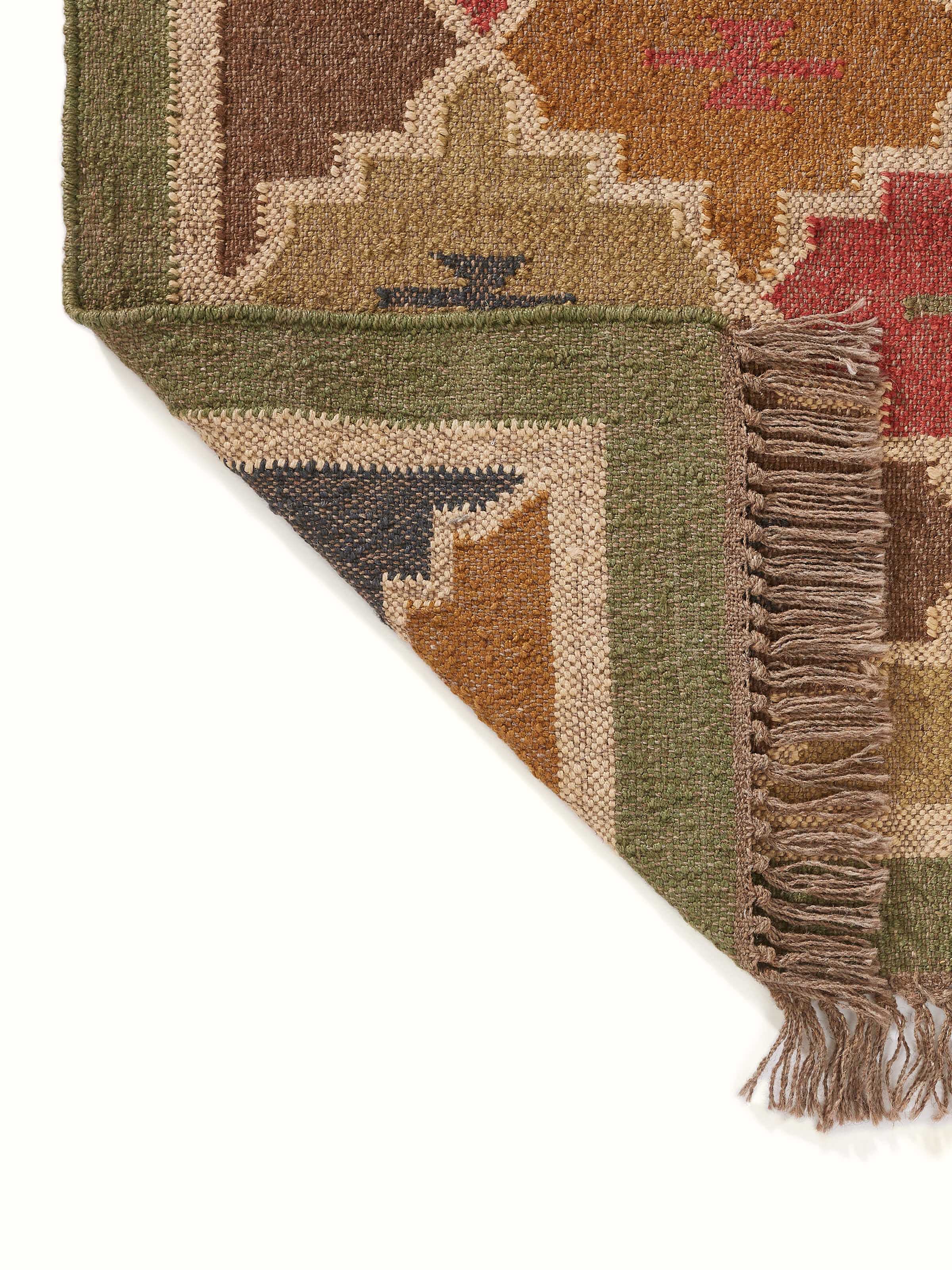 Detailed view of Geo Kilim Salawas Jute & Wool Panja Dhurrie focusing on the texture and weaving details.