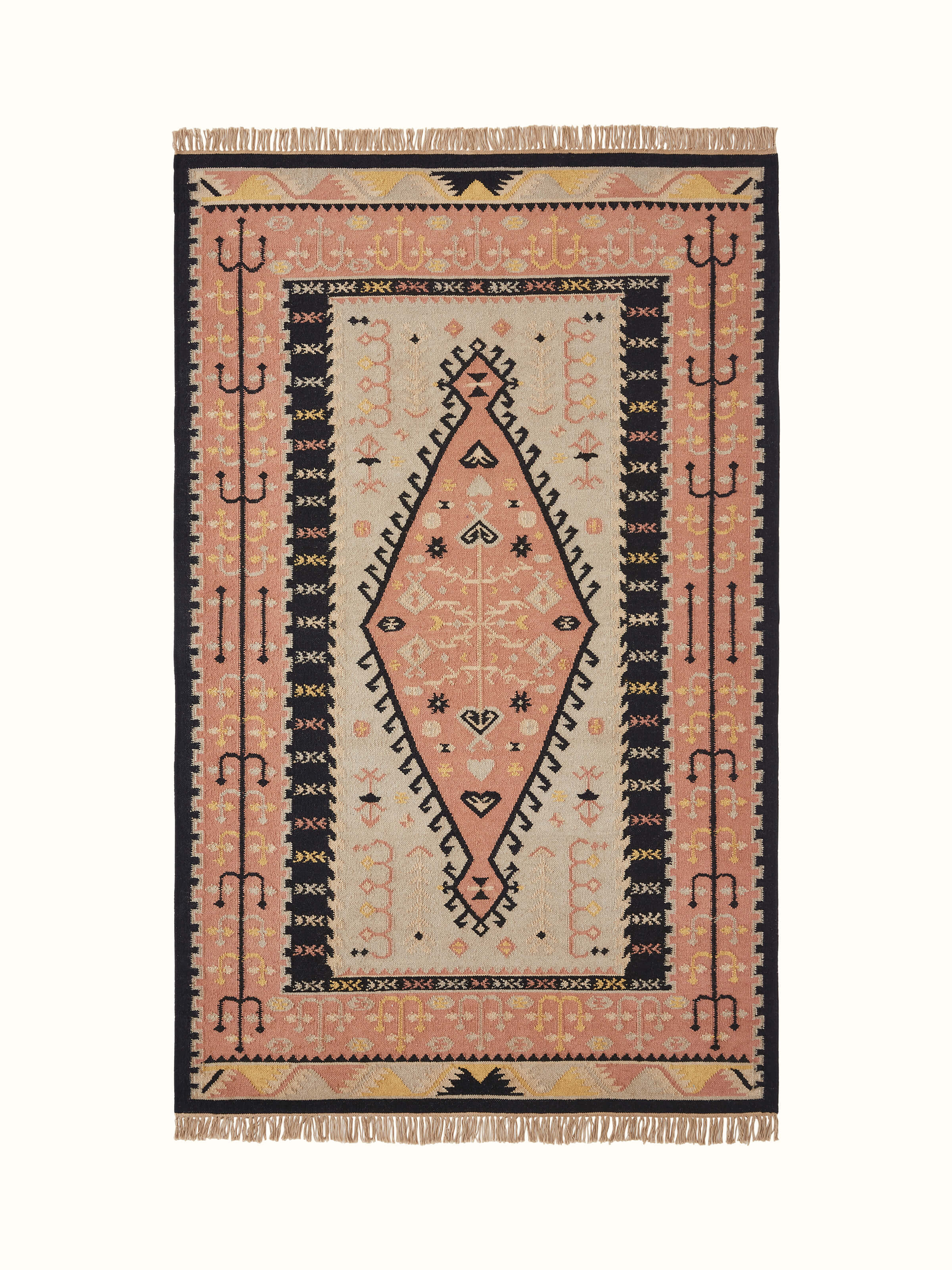 Traditional Kilim rust grey Salawas wool & cotton panja dhurrie with intricate geometric patterns and rich colors.