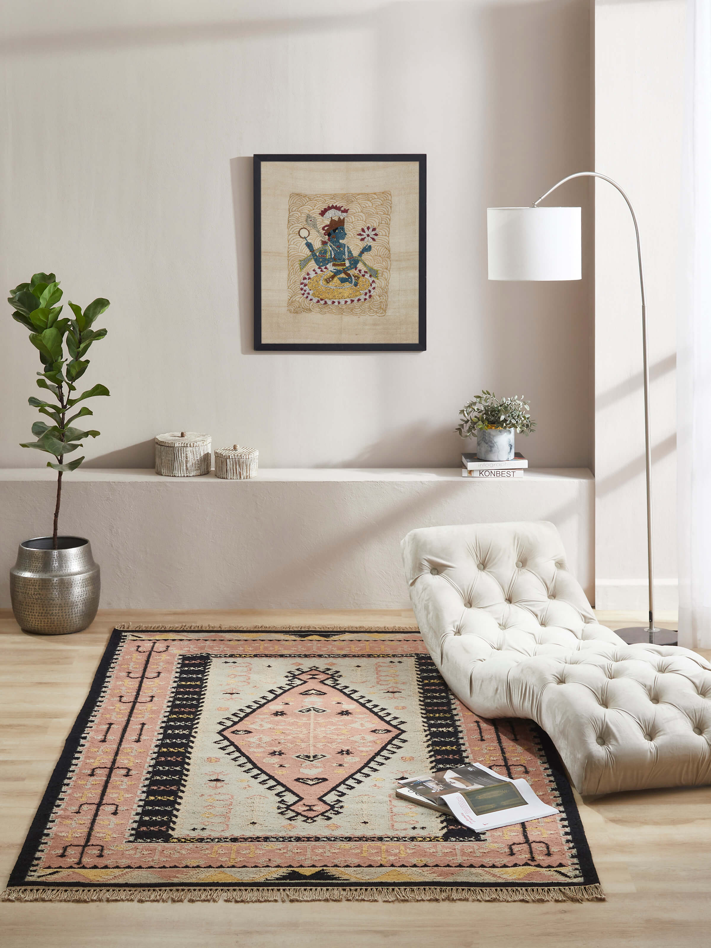 Close-up of the Traditional Kilim rust grey Salawas wool & cotton panja dhurrie, highlighting its detailed weave and texture.