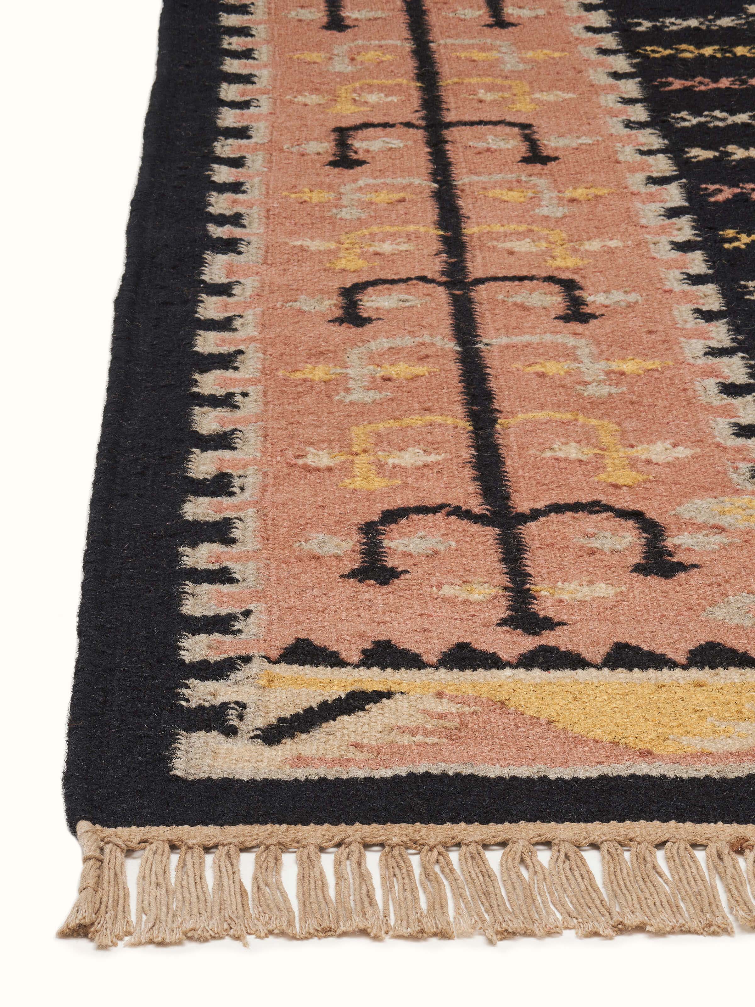 Detailed view of the Traditional Kilim rust grey Salawas wool & cotton panja dhurrie, showcasing its rich color and intricate design.