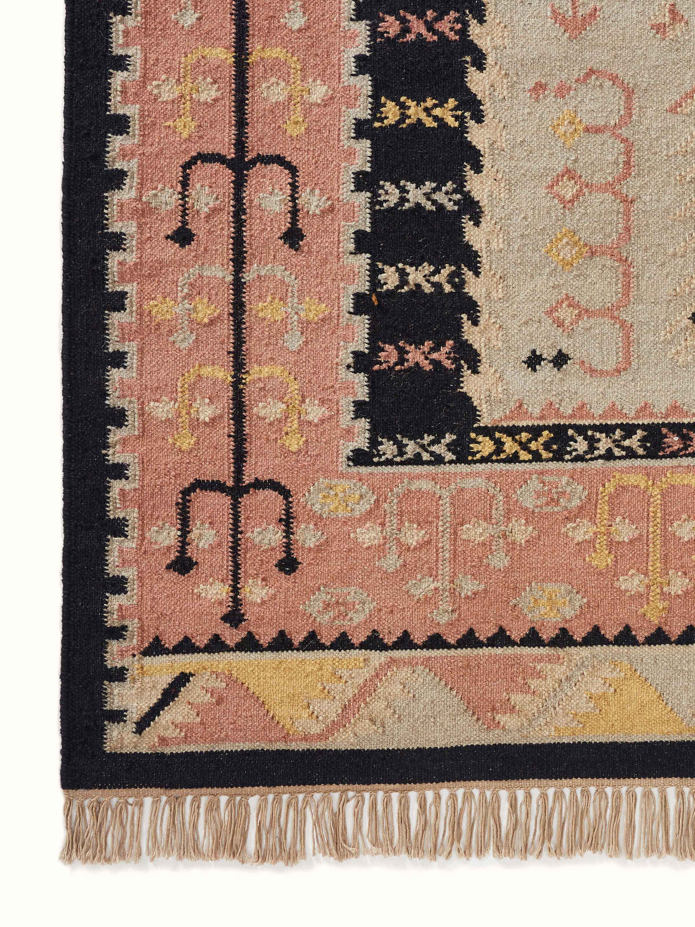 Traditional Kilim rust grey Salawas wool & cotton panja dhurrie in a room setting, illustrating its use and design impact in a space.