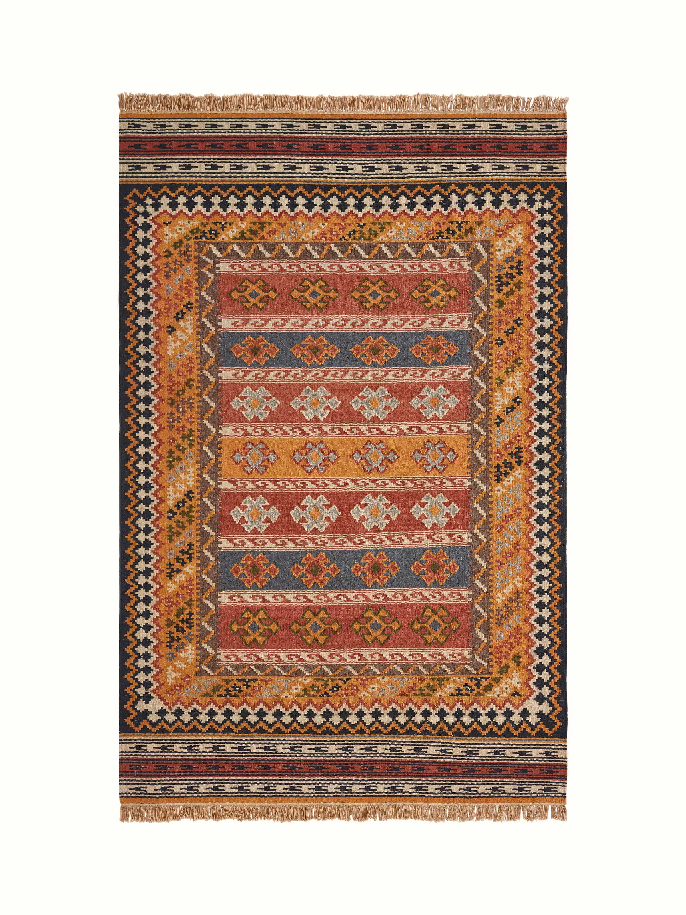 Traditional Kilim Salawas wool & cotton Panja dhurrie - Full view showcasing the vibrant colors and intricate Kilim design
