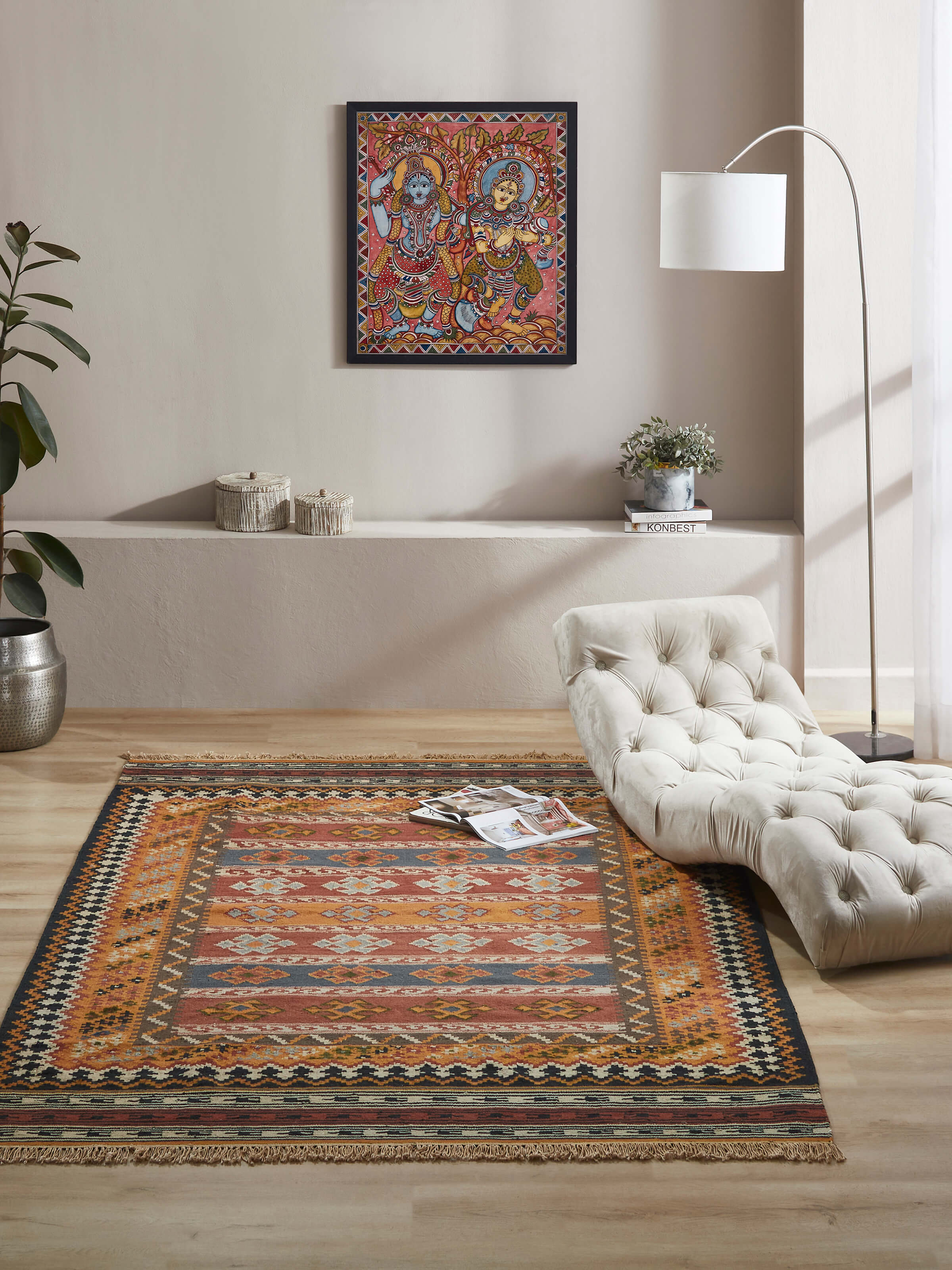 Close-up of Traditional Kilim Salawas wool & cotton Panja dhurrie highlighting the texture and detailed pattern