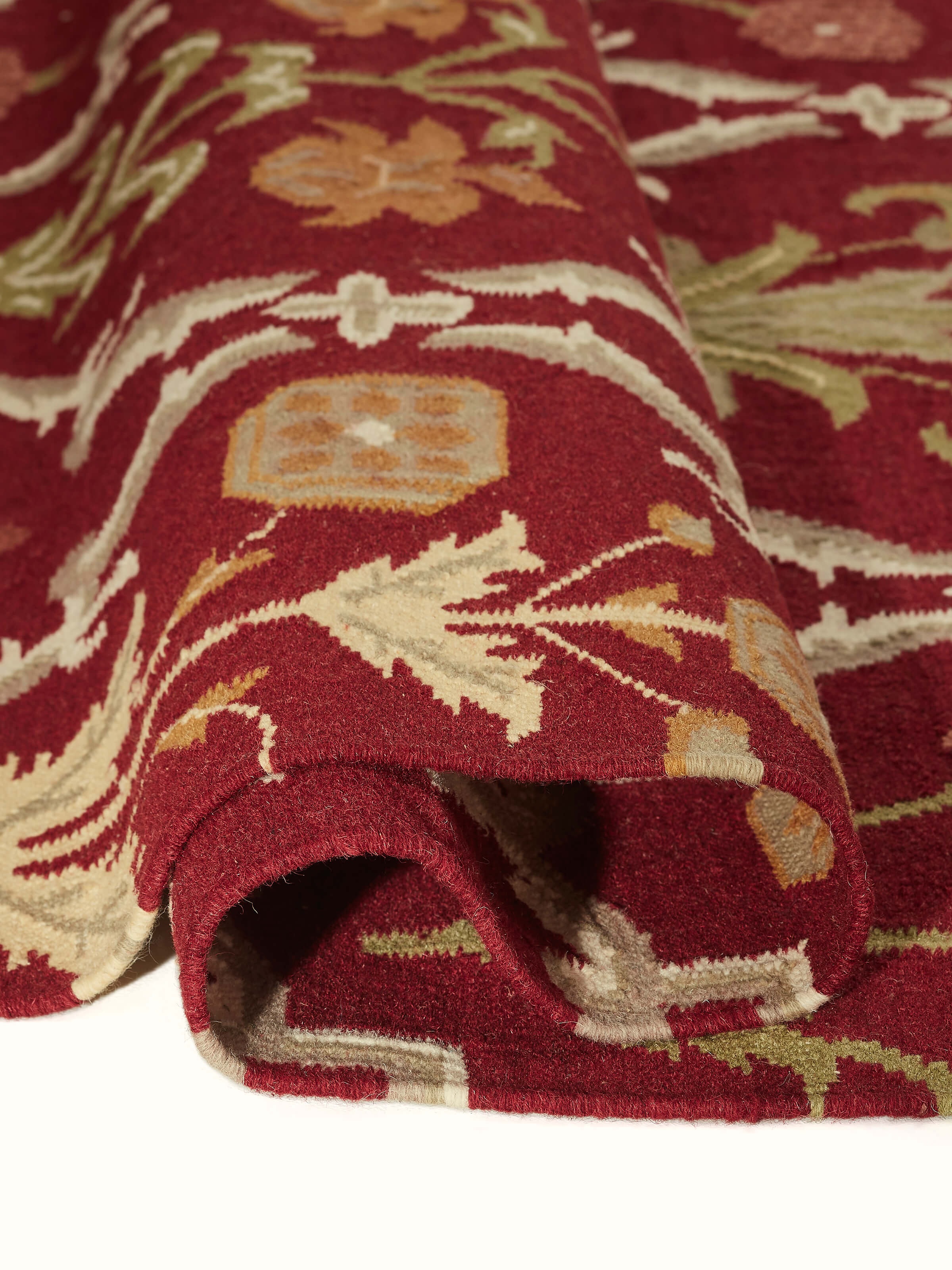 Full view of Traditional Mughal Floral Kilim Rust Salawas wool & cotton panja dhurrie emphasizing the Mughal floral design and wool texture.