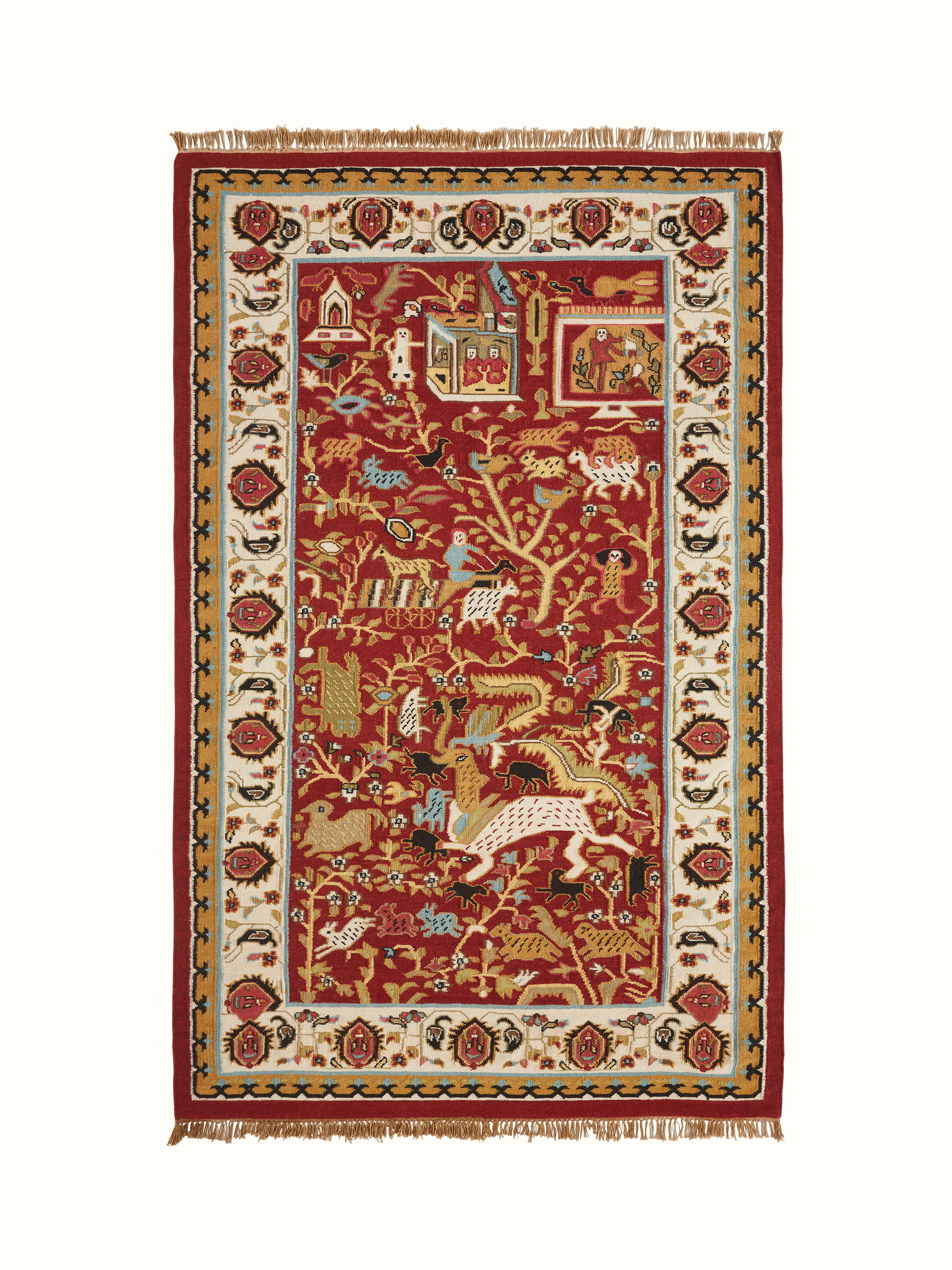 Village pictorial red wool & cotton panja dhurrie with a traditional design, showing the full rug and vibrant colors