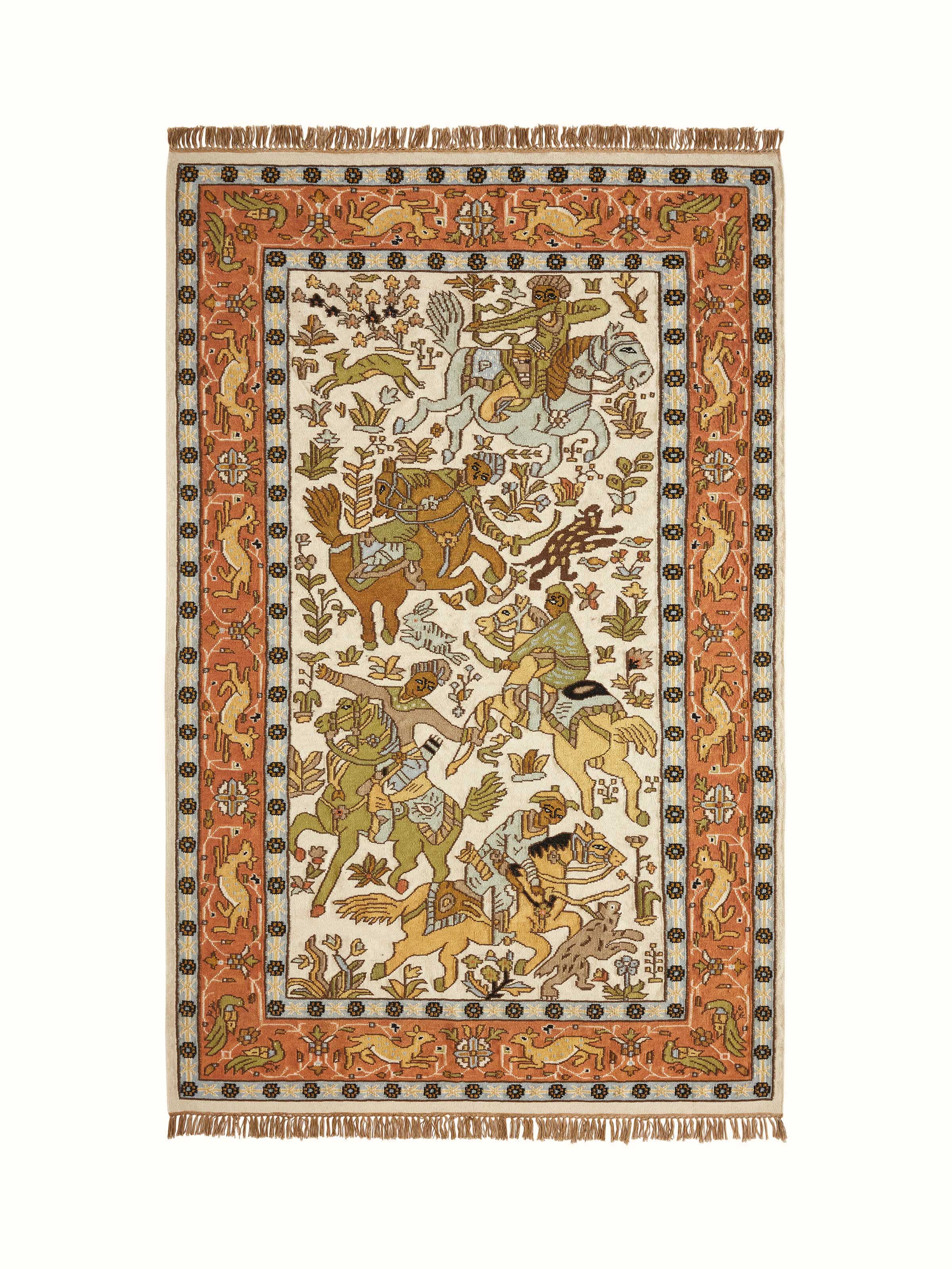 Front view of Kilim hunting salawas wool & cotton panja dhurrie, displaying its intricate geometric patterns and color tones.