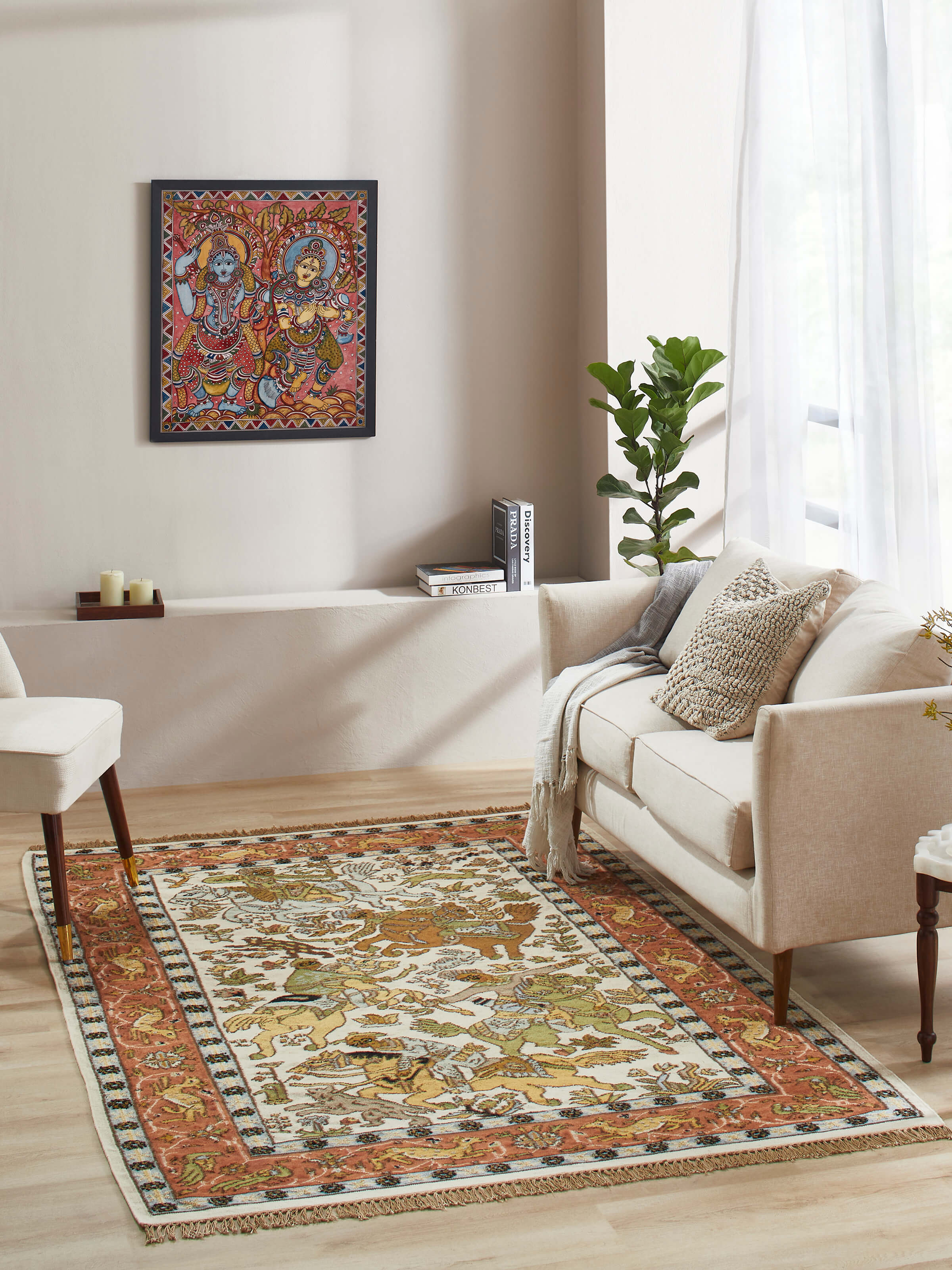 Side view of Kilim hunting salawas wool & cotton panja dhurrie, highlighting its texture and design details.