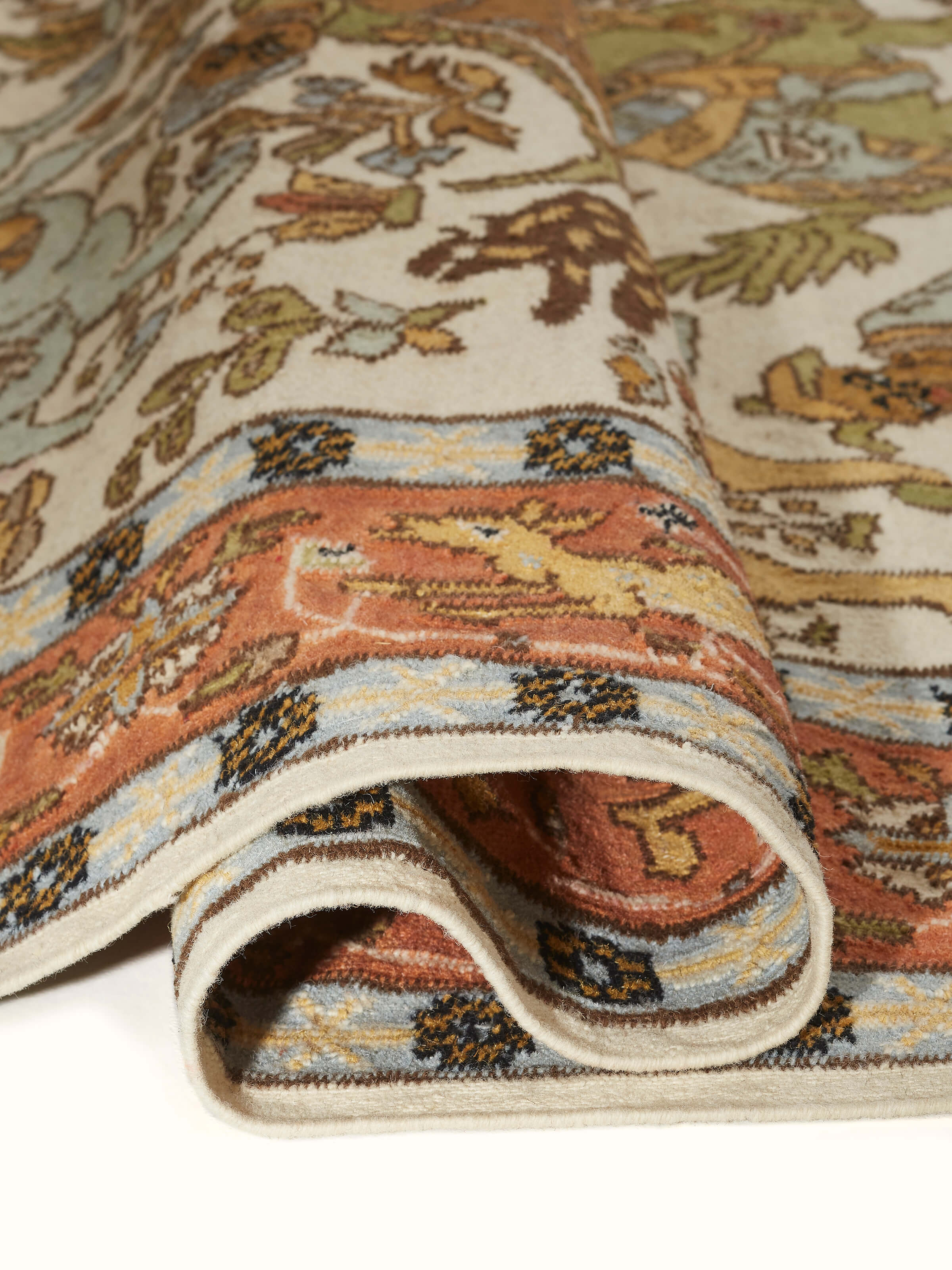 Close-up view of Kilim hunting salawas wool & cotton panja dhurrie, focusing on the detailed patterns and fabric quality.