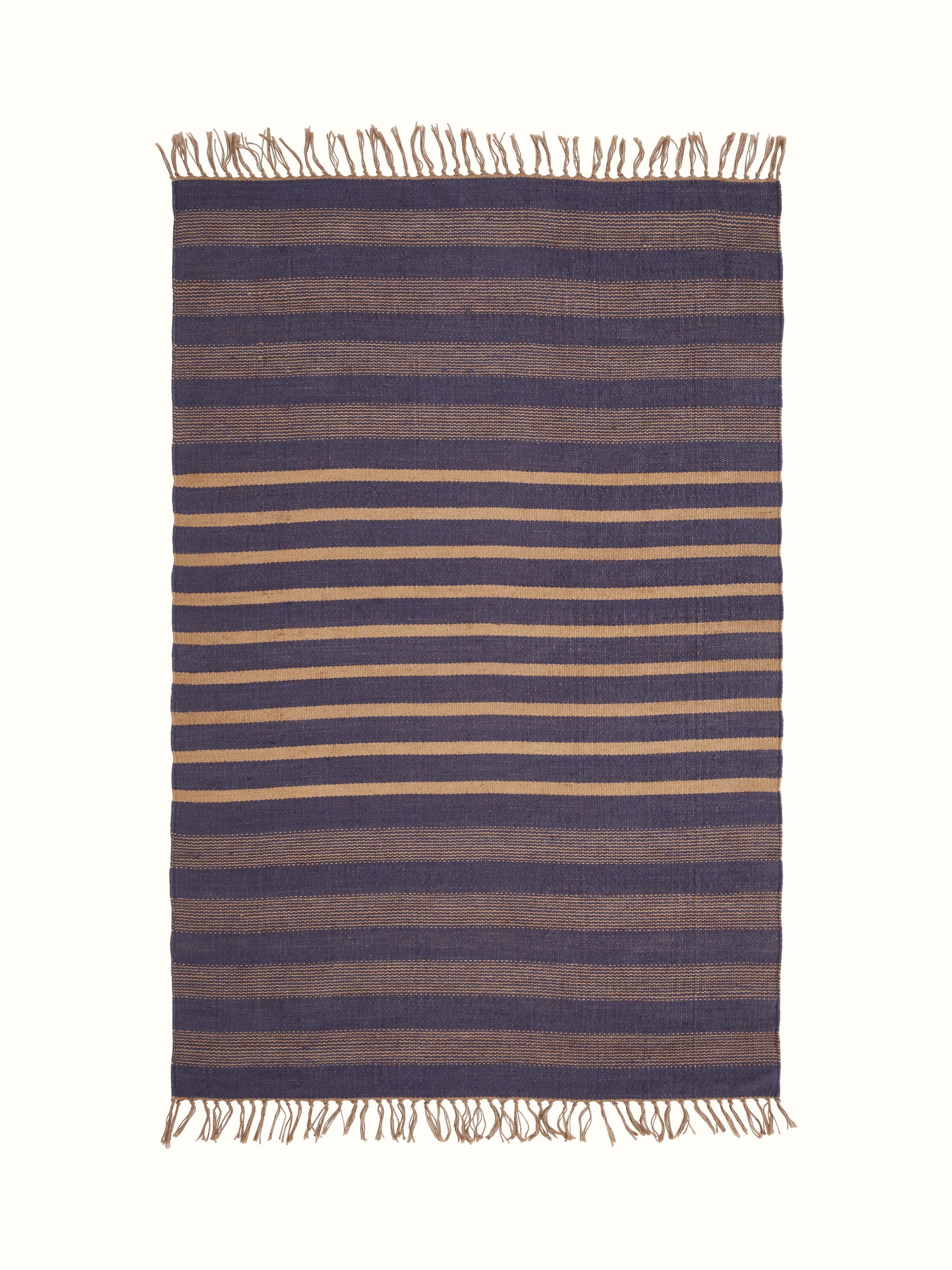 Front view of Dual Tone Stripe Blue Beige Salawas Wool & Cotton Panja Dhurrie highlighting stripe pattern
