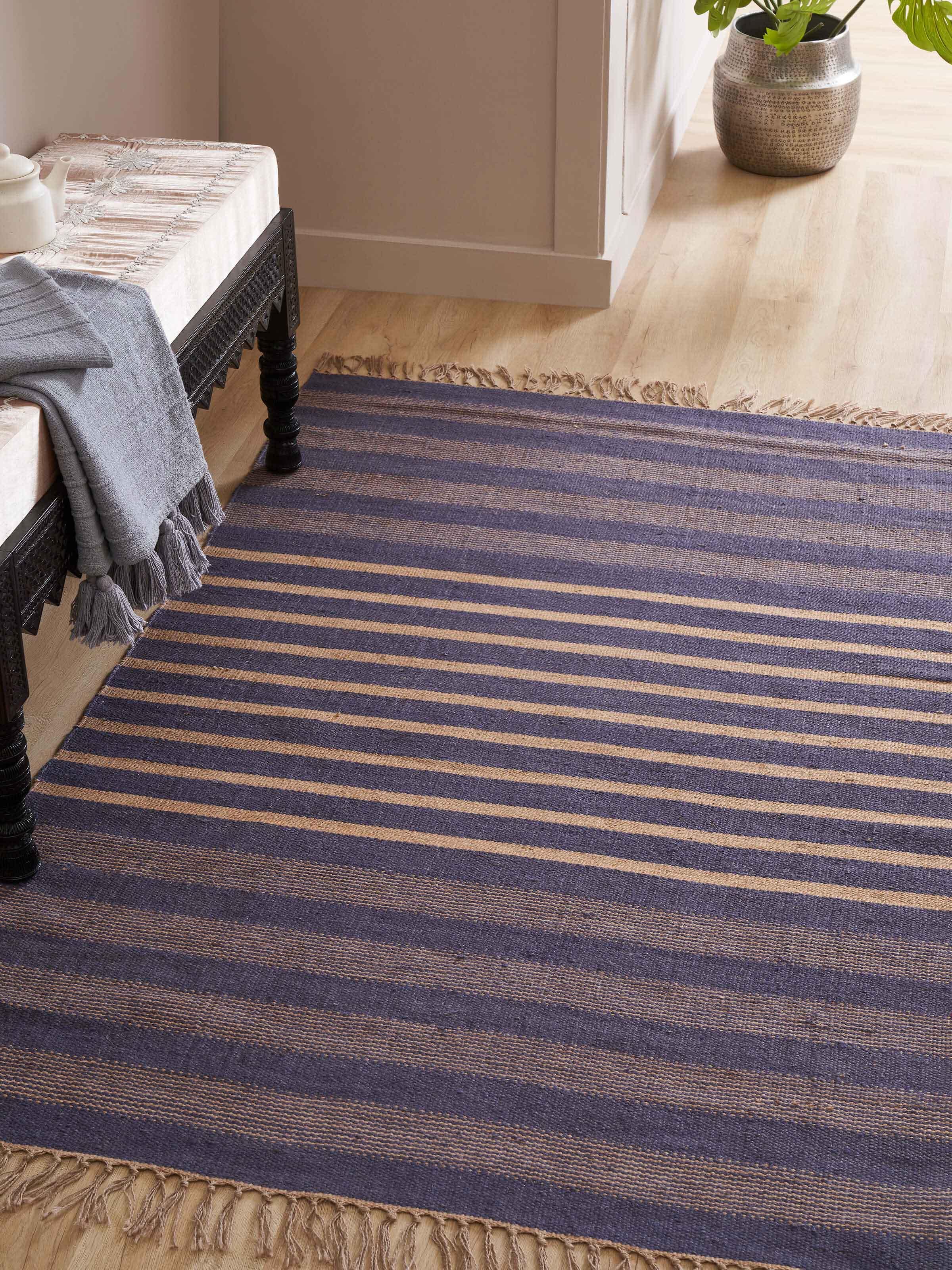Side view of Dual Tone Stripe Blue Beige Salawas Wool & Cotton Panja Dhurrie showcasing detailed weave