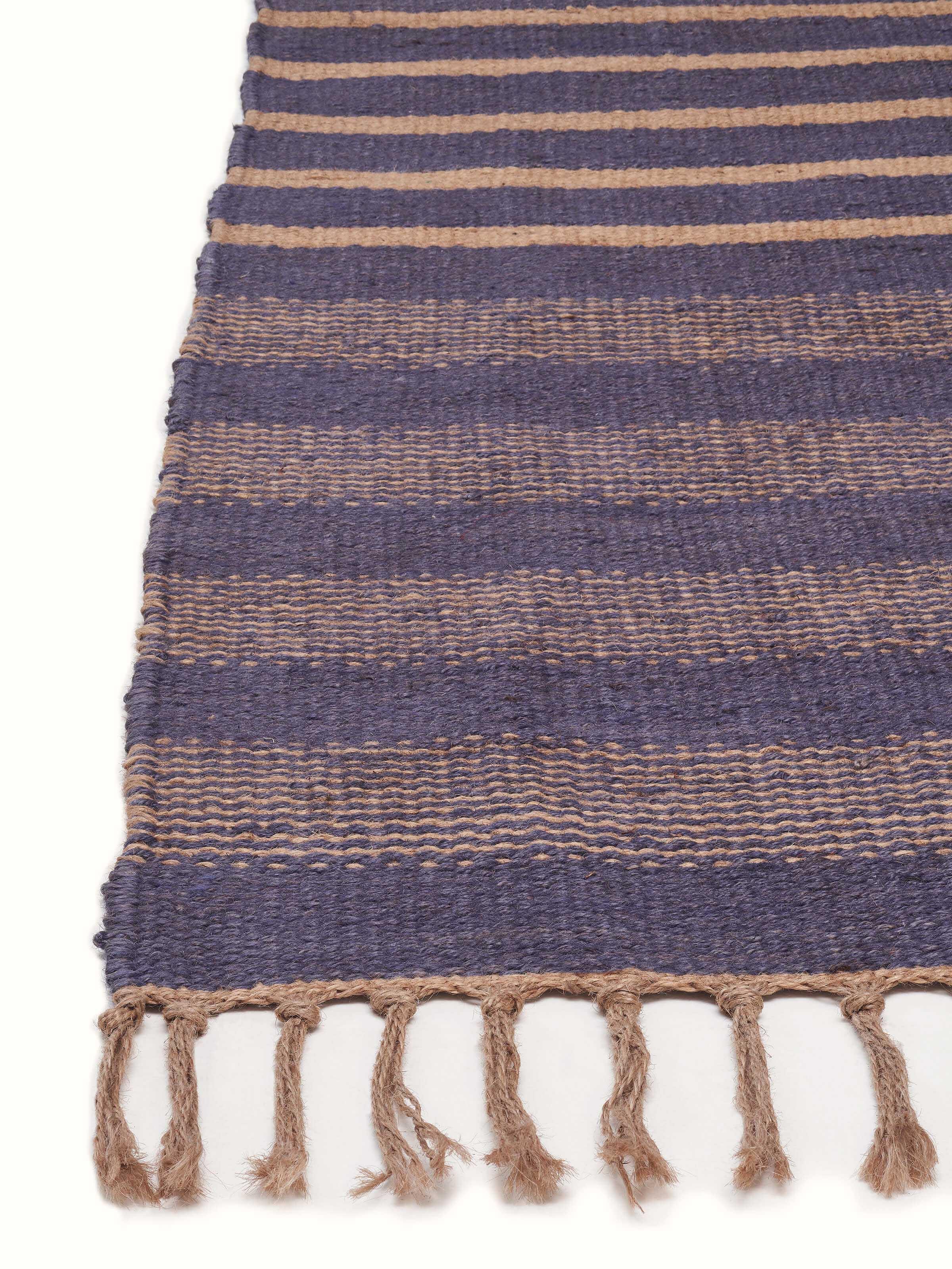 Detailed view of Dual Tone Stripe Blue Beige Salawas Wool & Cotton Panja Dhurrie showing texture and stripes