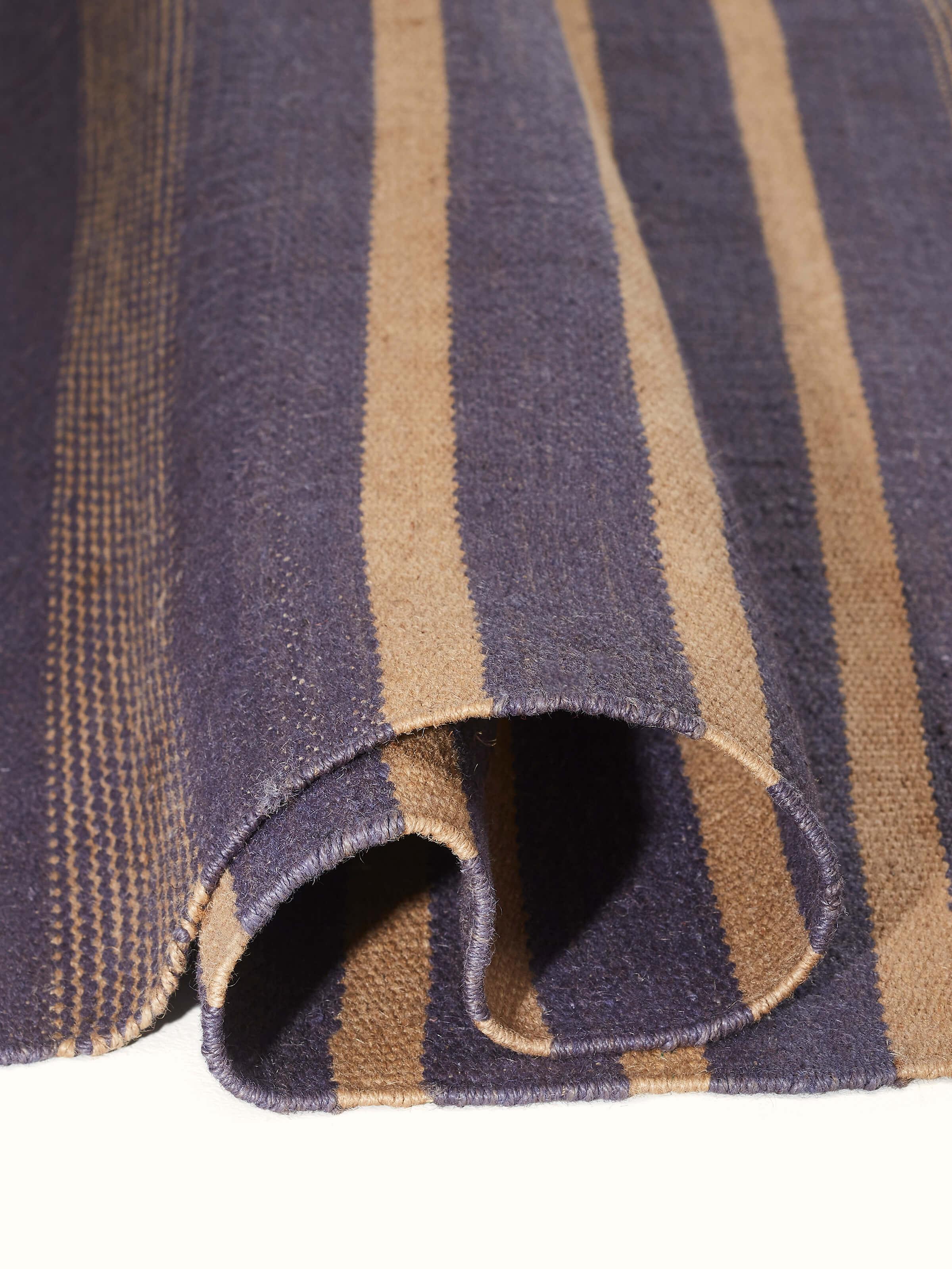 Full view of Dual Tone Stripe Blue Beige Salawas Wool & Cotton Panja Dhurrie in context with its design visible