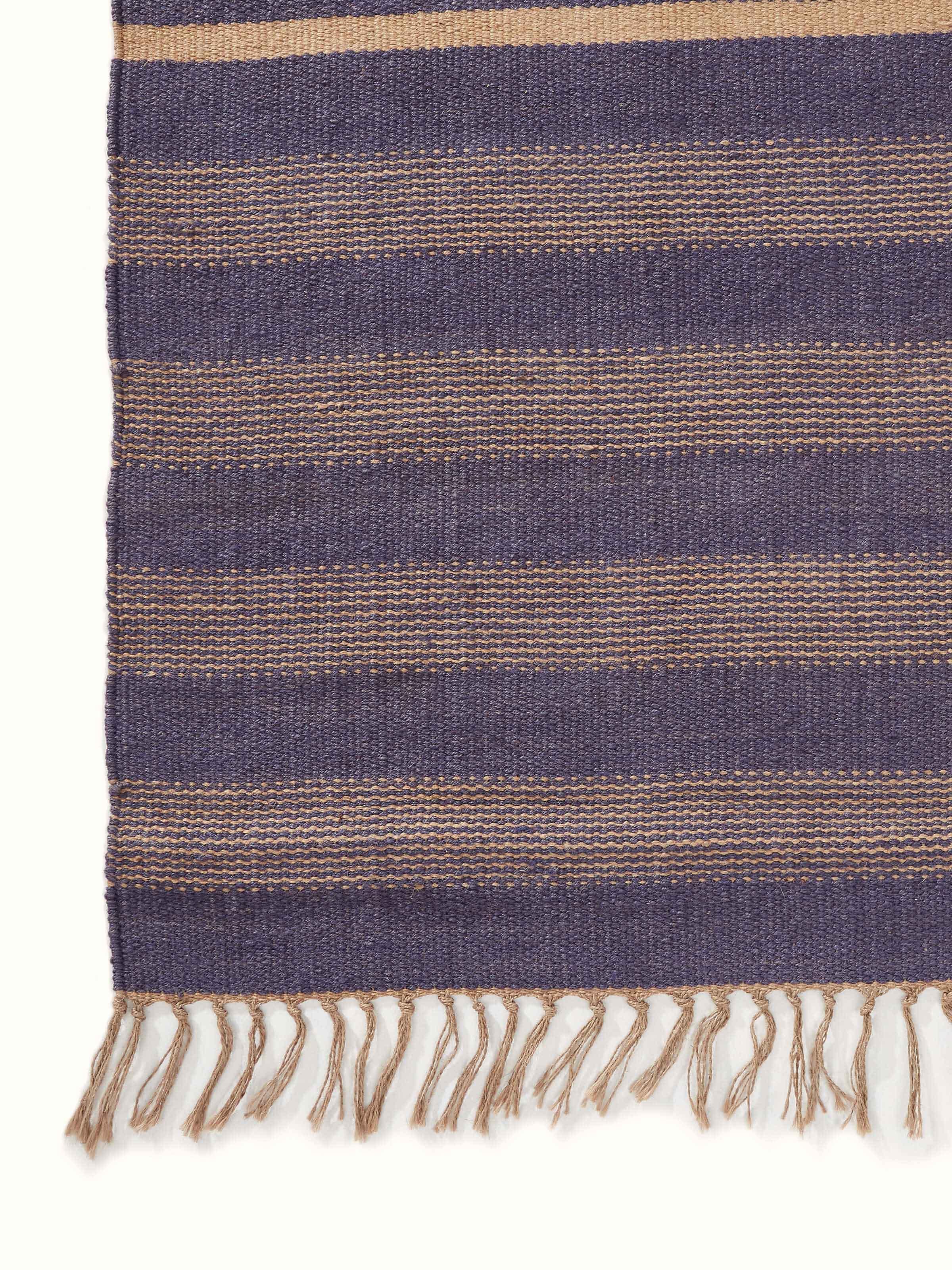 Close-up of Dual Tone Stripe Blue Beige Salawas Wool & Cotton Panja Dhurrie emphasizing stripe details