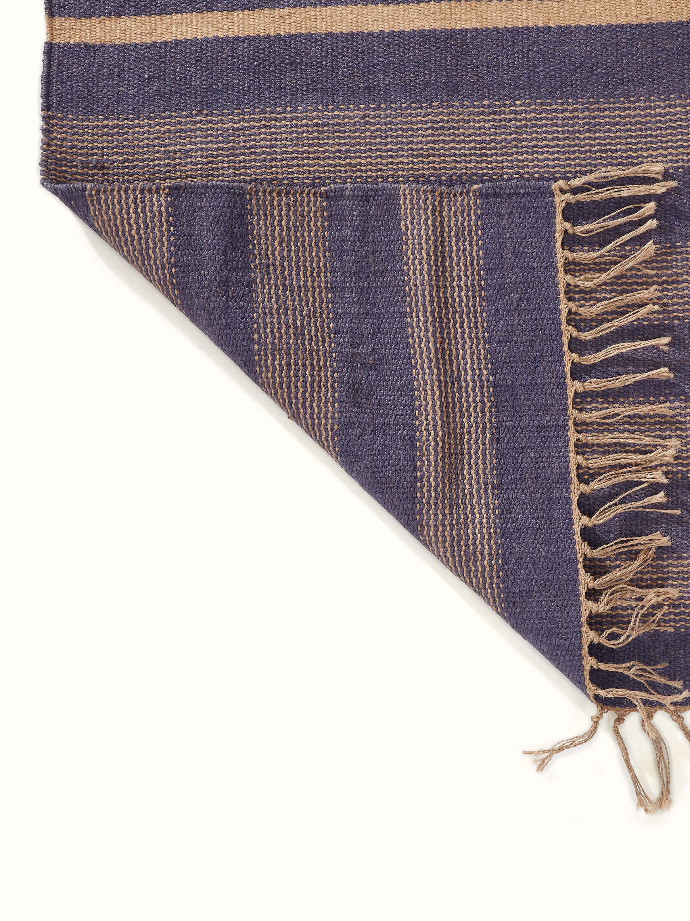 Angled view of Dual Tone Stripe Blue Beige Salawas Wool & Cotton Panja Dhurrie highlighting the overall pattern