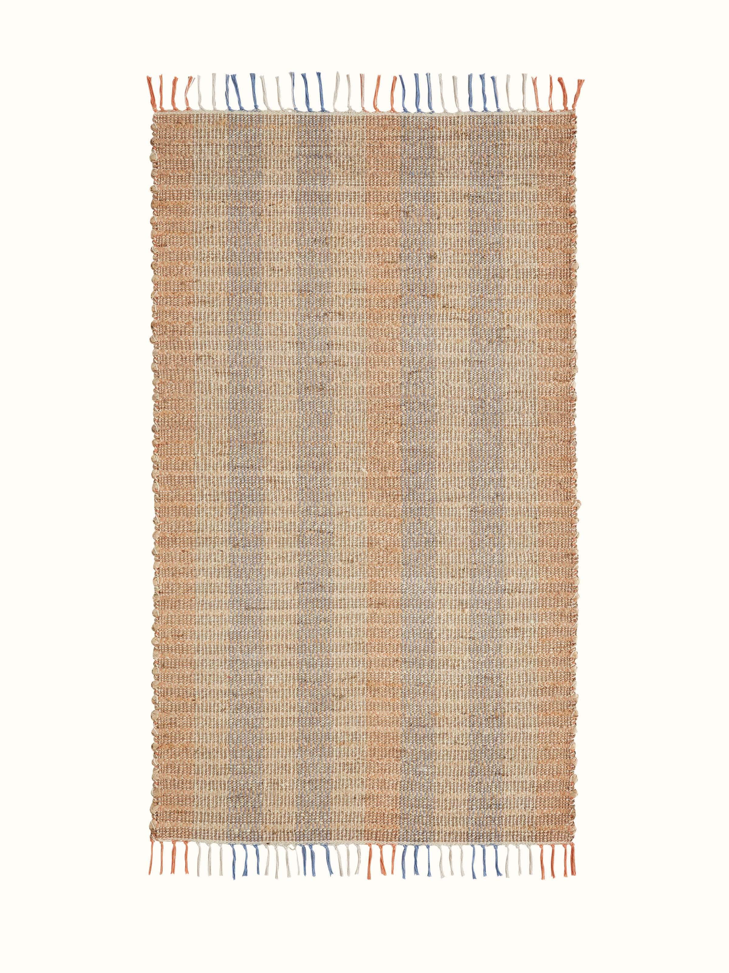 Front view of Textured beige blue lawan jute & cotton natural fibre rug featuring intricate texture and natural colors.