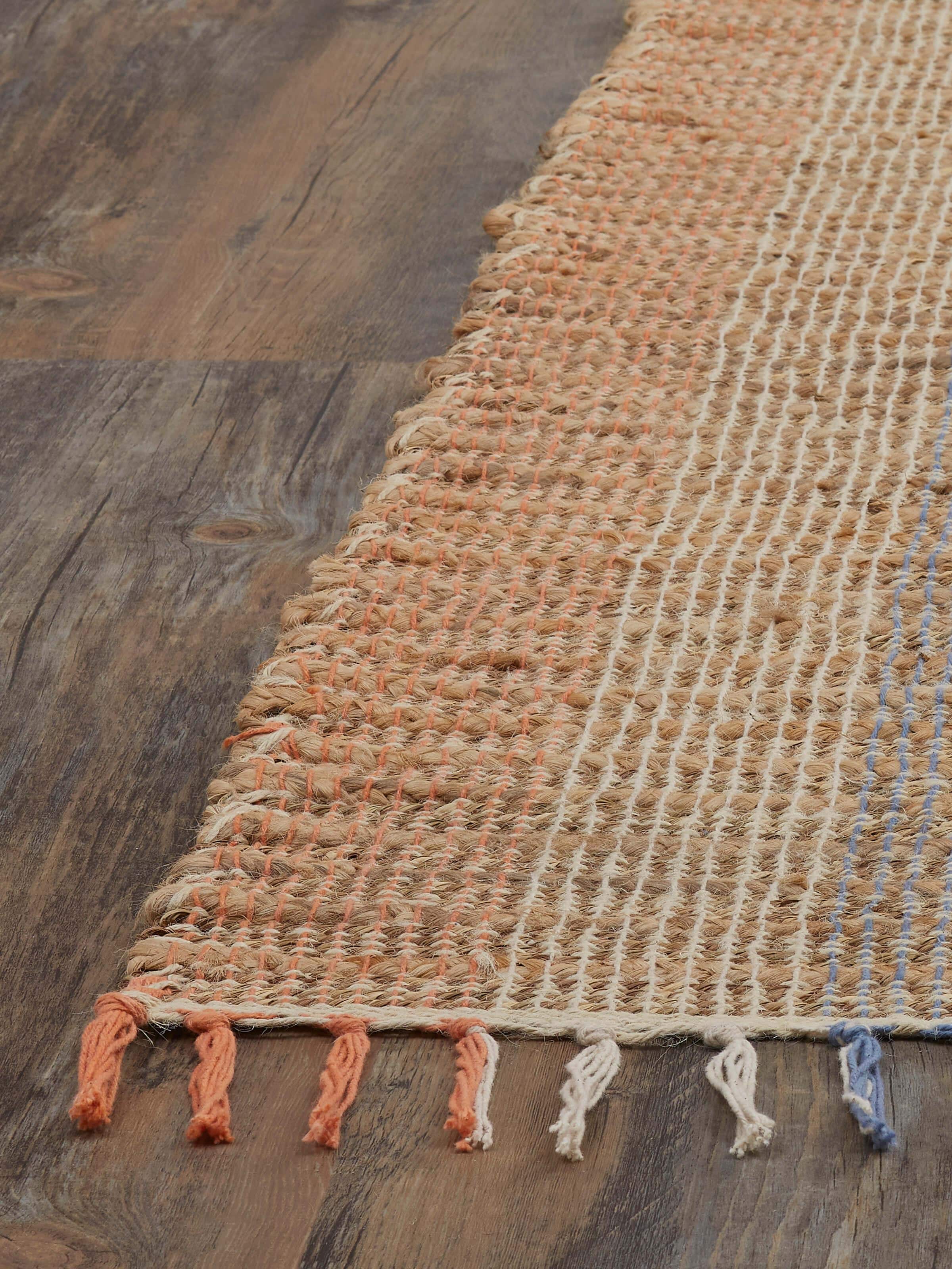 Detailed view of Textured beige blue lawan jute & cotton natural fibre rug highlighting its rich texture and color.