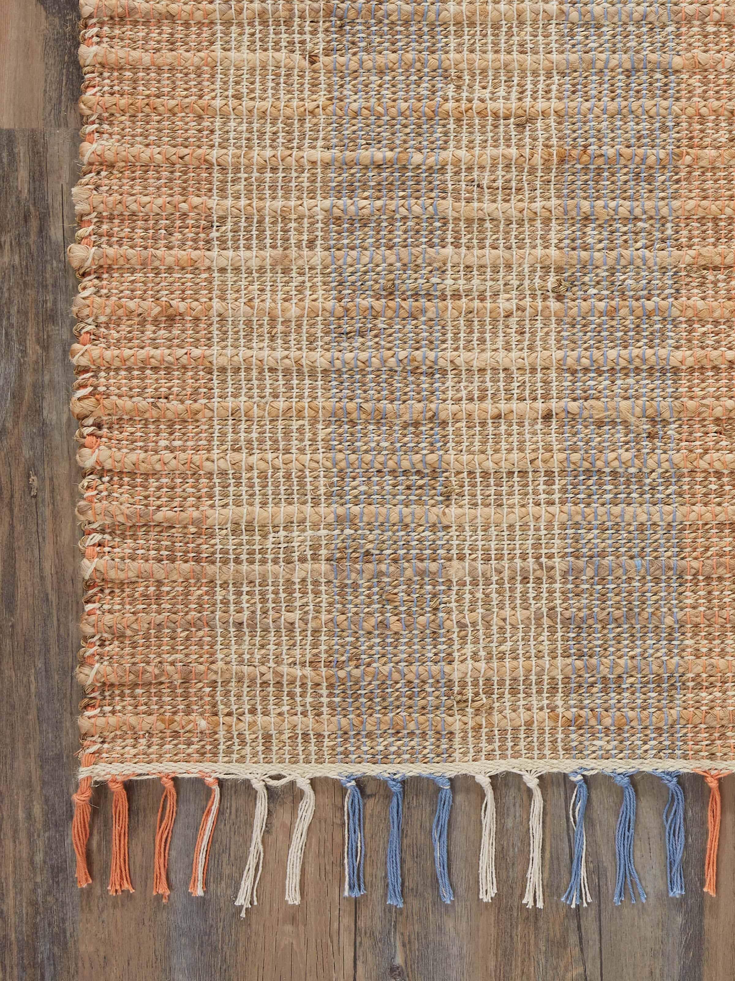 Textured beige blue lawan jute & cotton natural fibre rug featuring a close-up view of its weaving and color nuances.