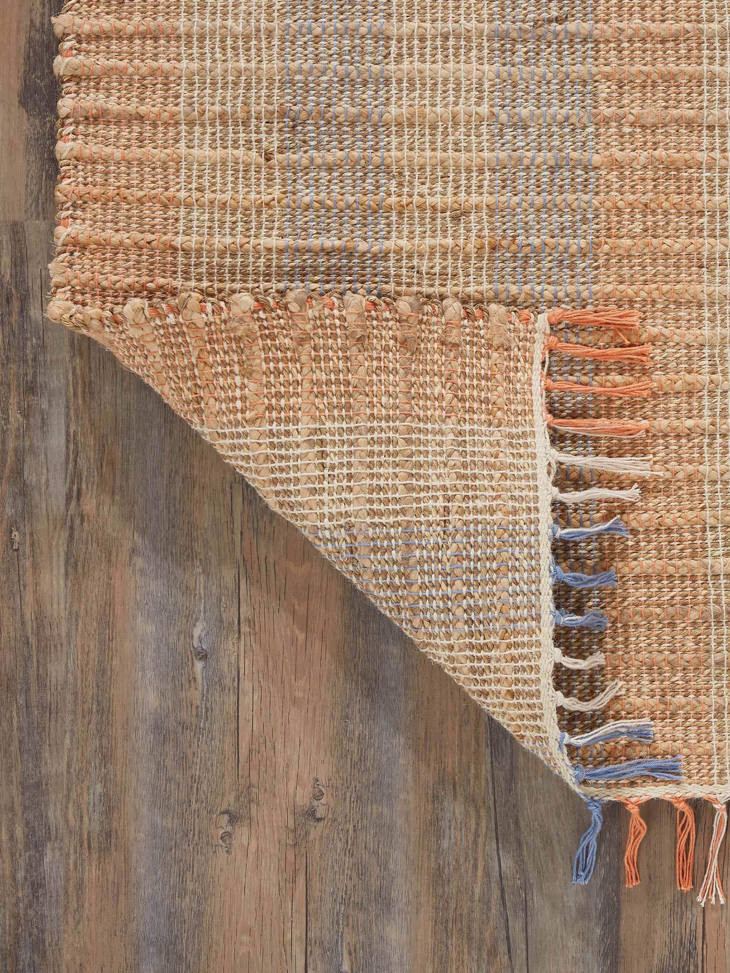 Full view of Textured beige blue lawan jute & cotton natural fibre rug laid out, highlighting its design and texture.