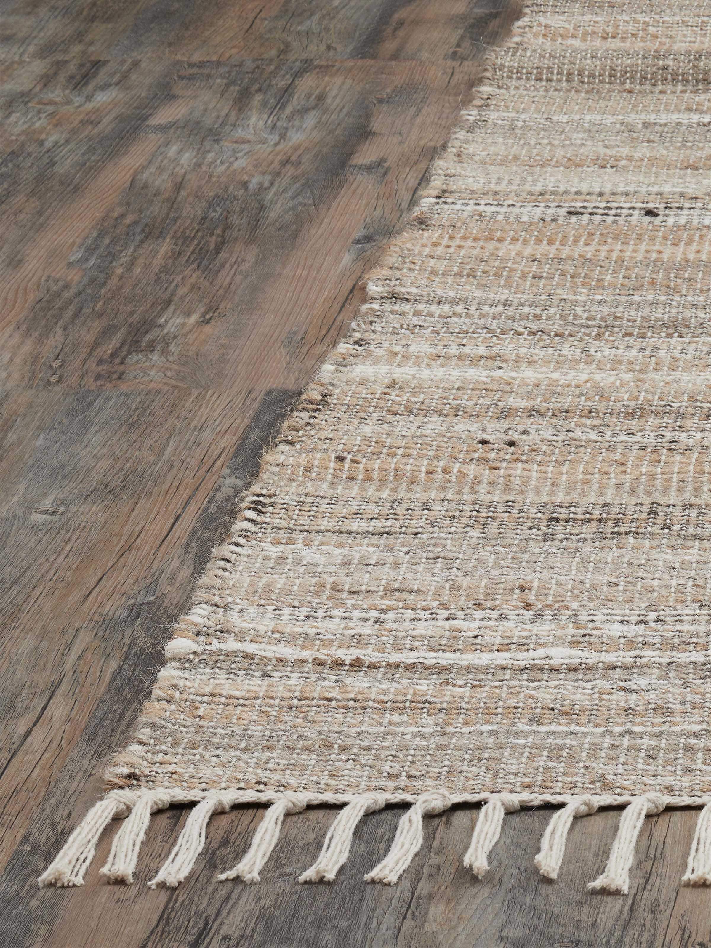 Full view of Textured Beige Black Lawan Jute & Cotton Rug, displaying the complete design and natural fibre texture.