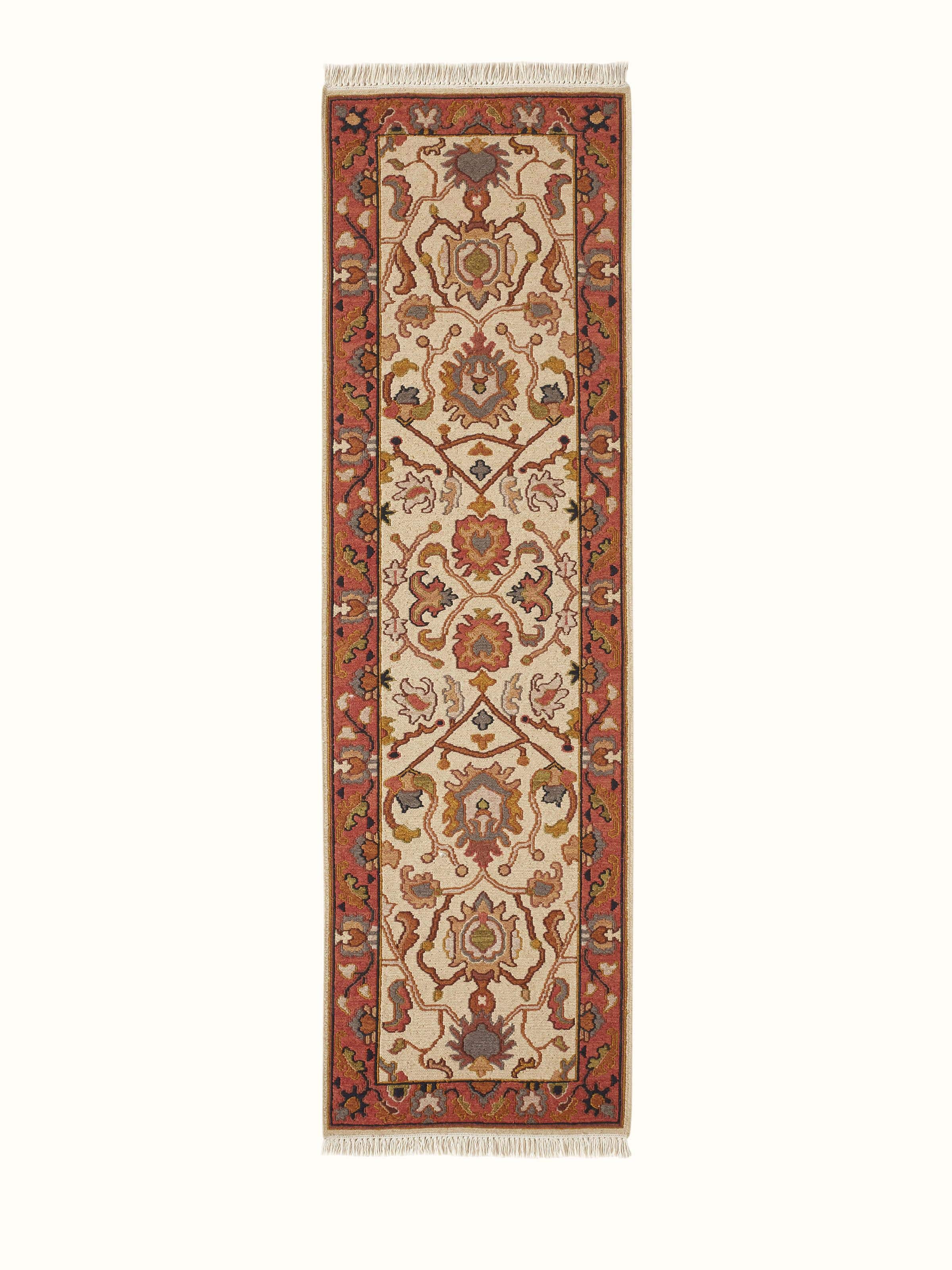Oushak traditional off-white Bhadohi wool hand-knotted runner rug, detailed view.