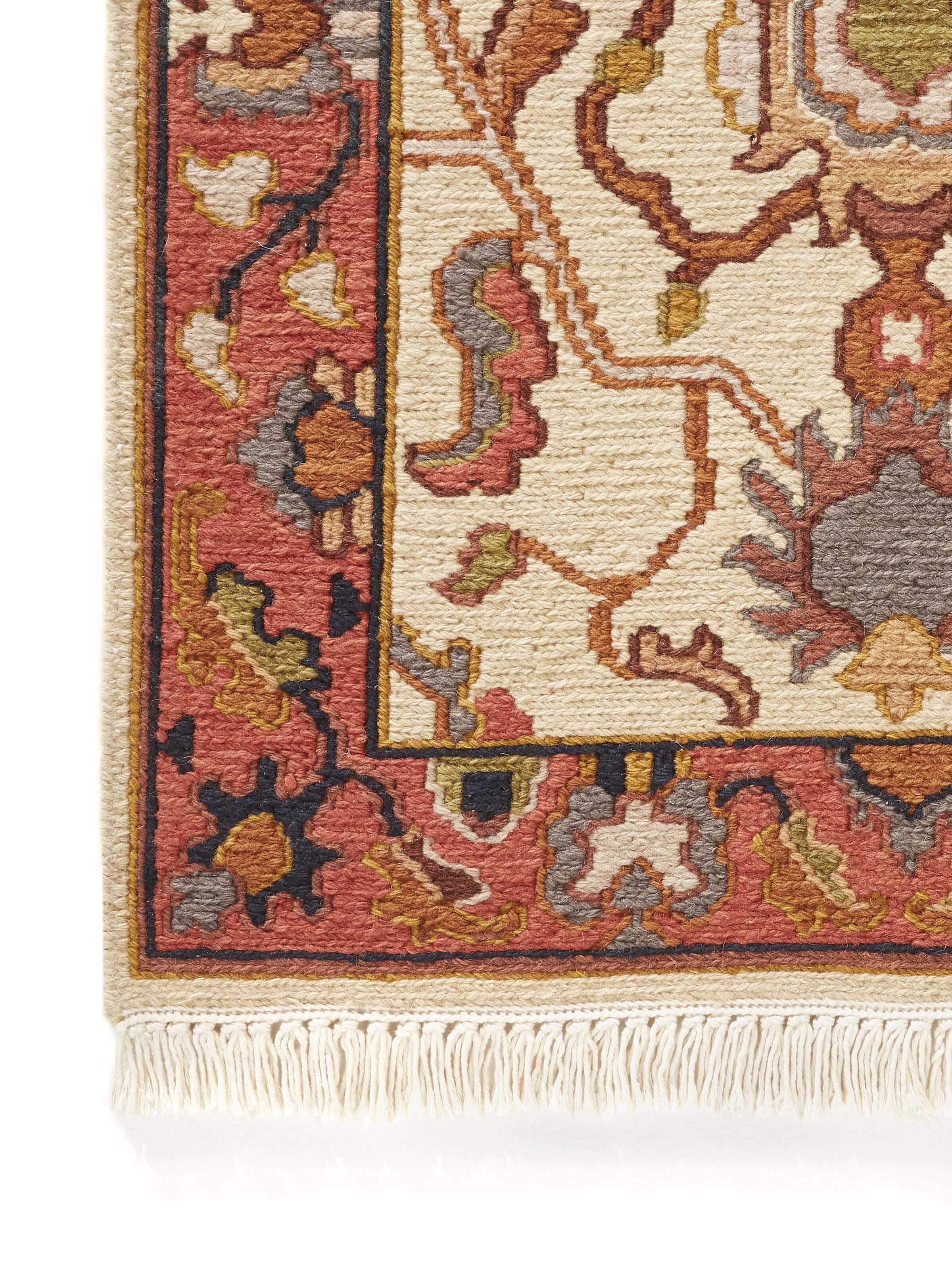 Oushak traditional off-white Bhadohi wool hand-knotted runner rug, broader view.