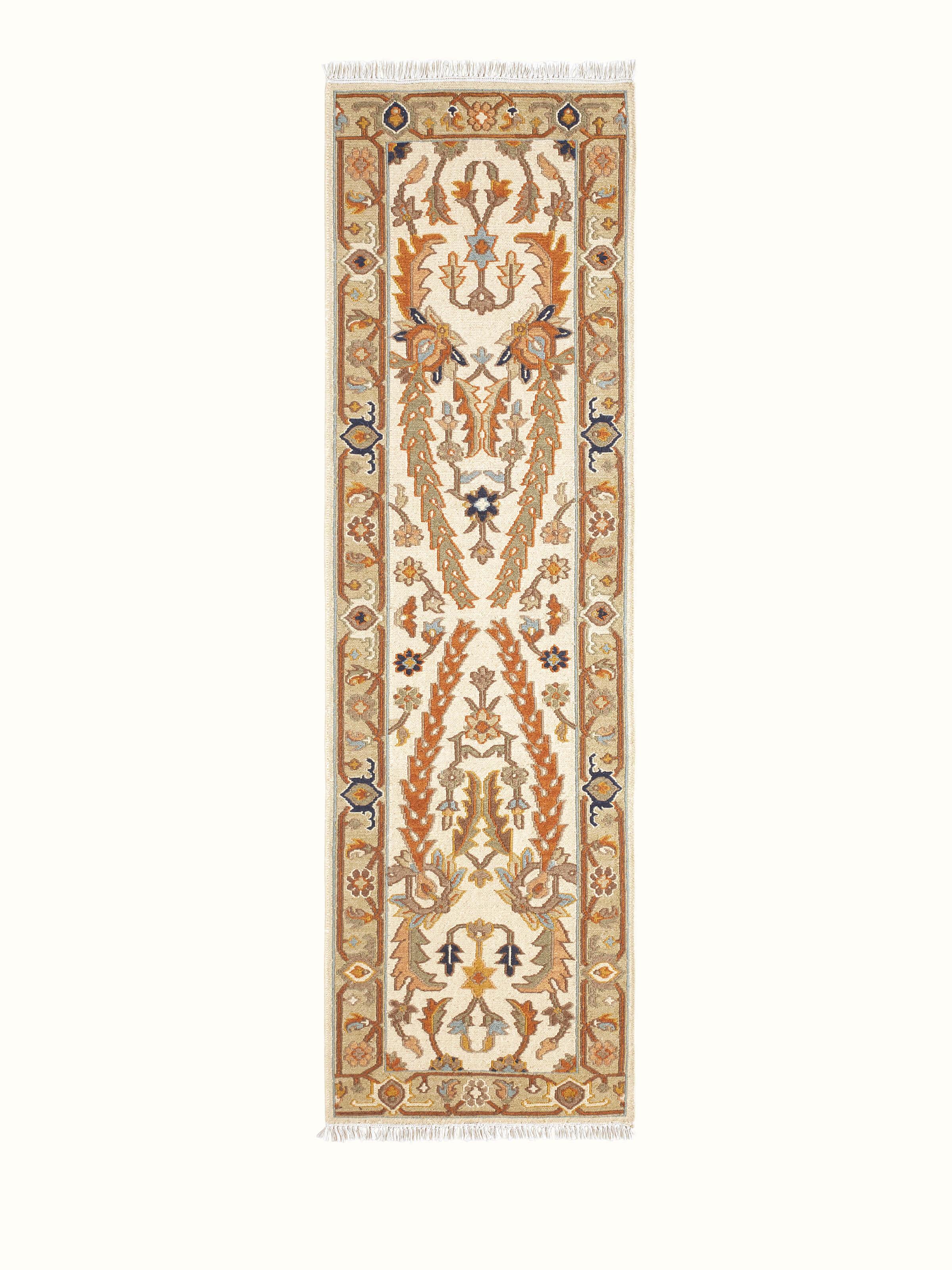 Front view of Nomad traditional off-white Bhadohi wool hand-knotted runner with intricate patterns and an off-white shade.