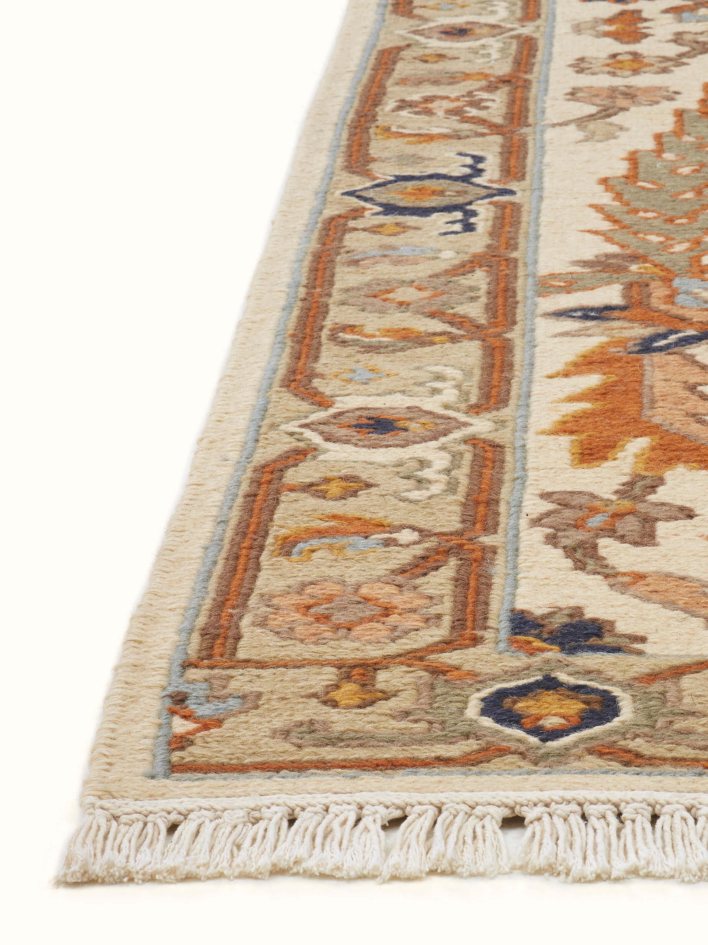 Detailed view of Nomad traditional off-white Bhadohi wool hand-knotted runner highlighting the fine wool texture and intricate design.