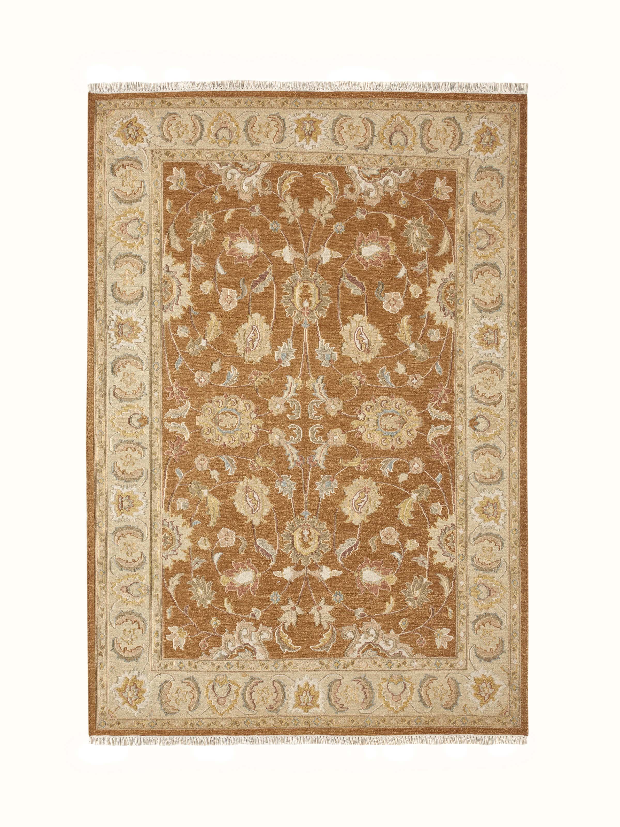 Traditional Sumak brown Charbagh Bhadohi wool hand-knotted rug - Full view highlighting the intricate pattern and rich color