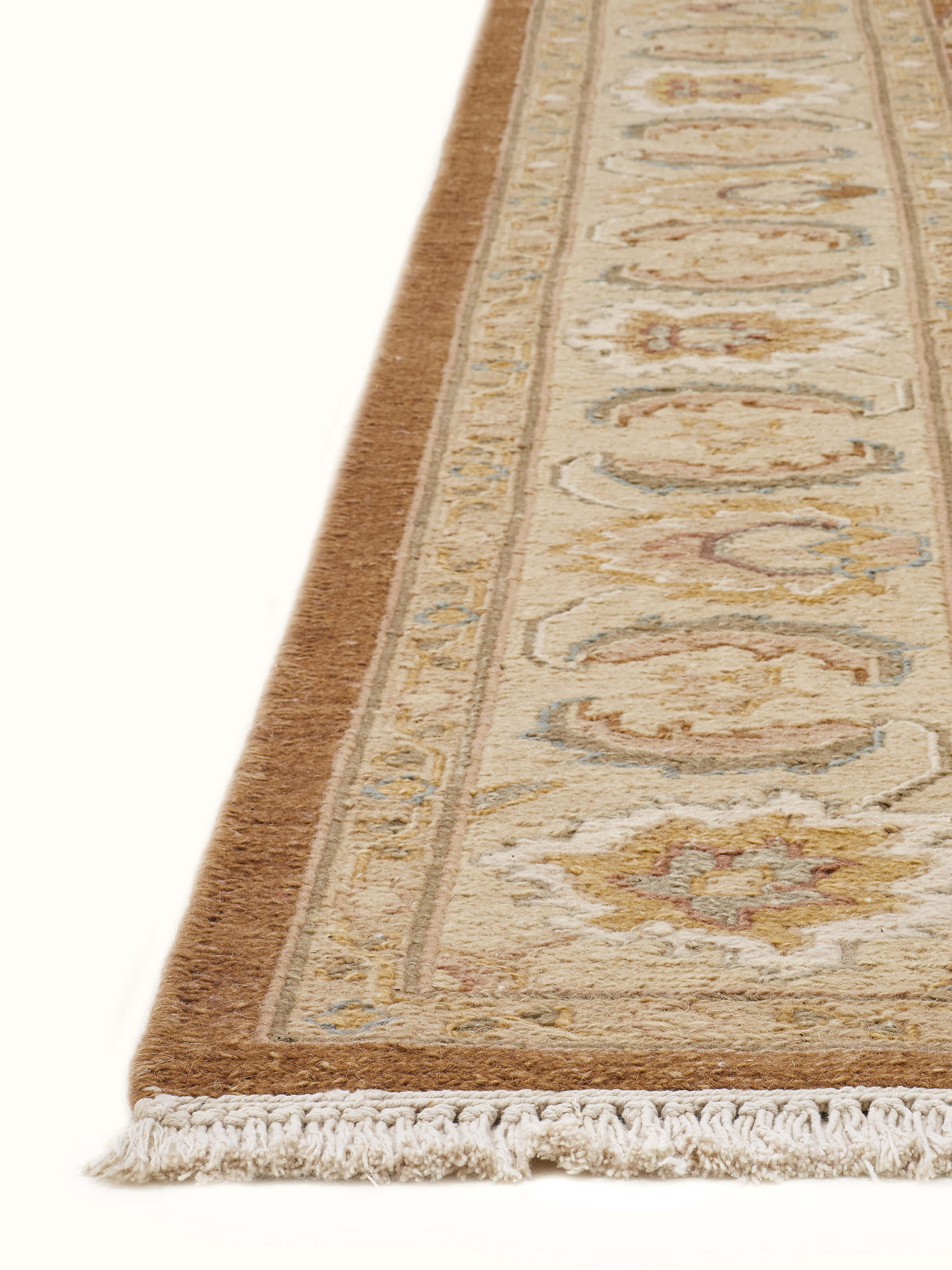 Overhead view of Traditional Sumak brown Charbagh Bhadohi wool rug displaying its full design and color variations