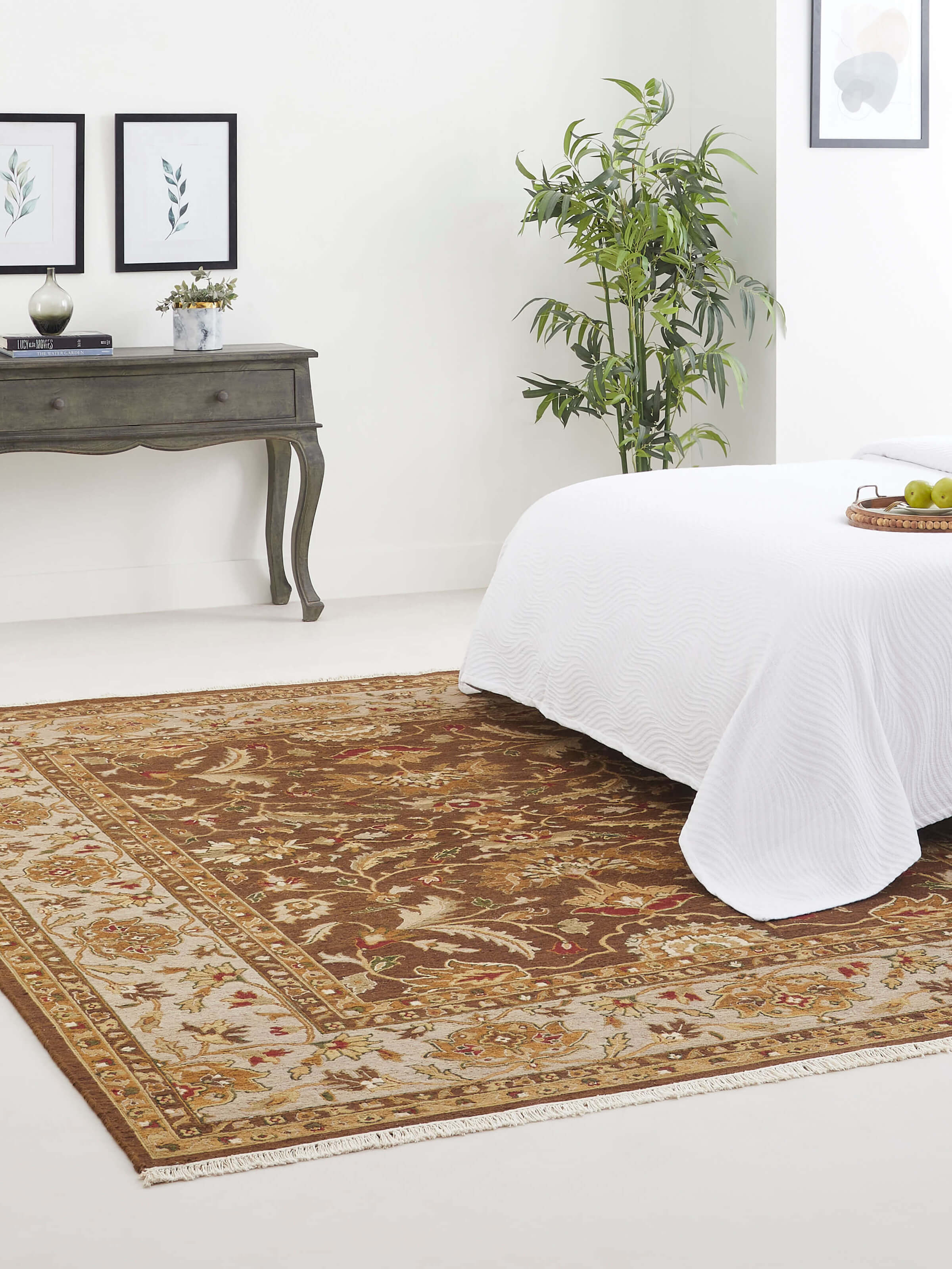 Room setup featuring Persian Sumak brown nomad Bhadohi hand-knotted wool rug