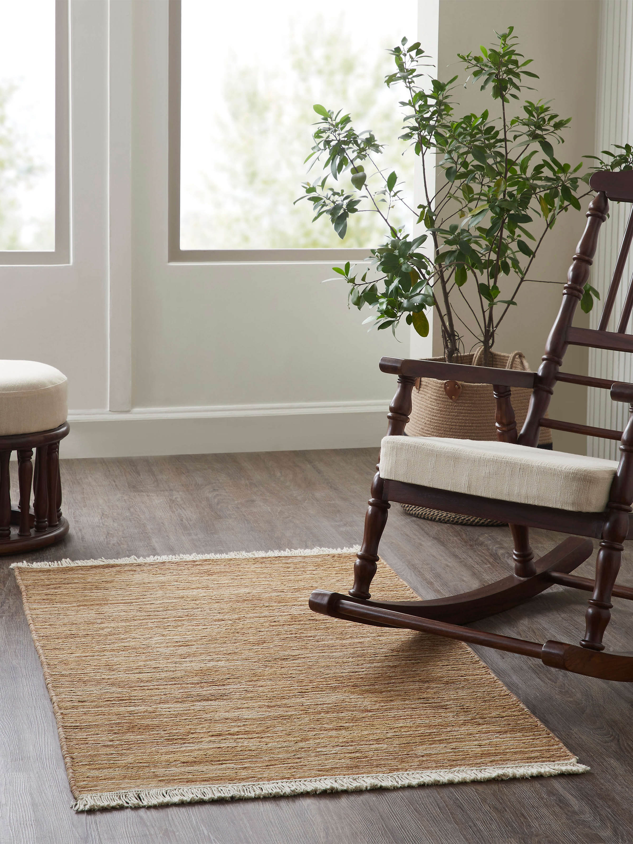 Full view of Solid Textured Sumak Beige Rust Bhadohi Wool Hand-Knotted Rug, highlighting its design and overall appearance.