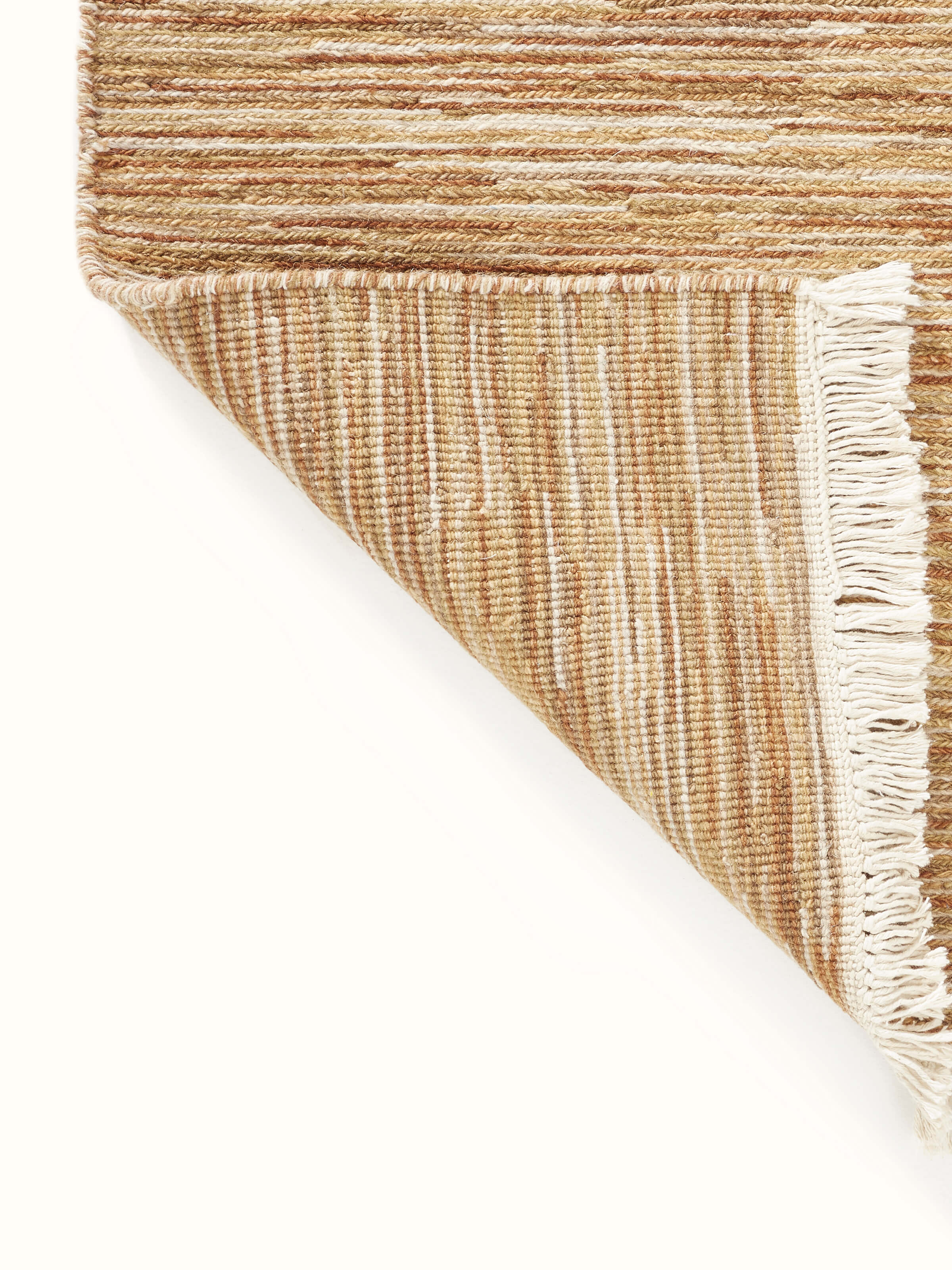 Overhead view of Solid Textured Sumak Beige Rust Bhadohi Wool Hand-Knotted Rug, highlighting its detailed pattern and texture.