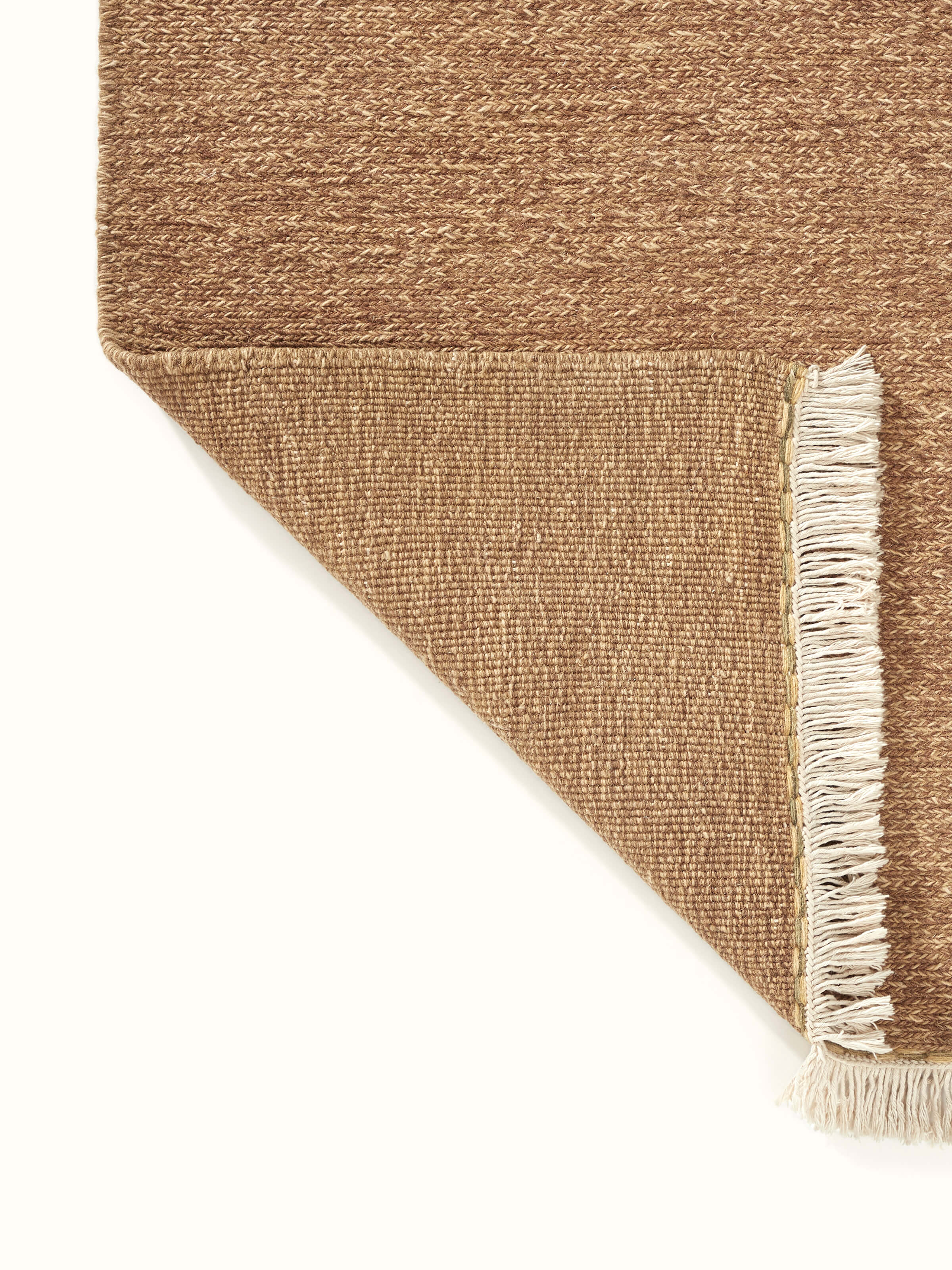 Back view of the sumak brown wool rug, displaying the tight knotting and quality craftsmanship.