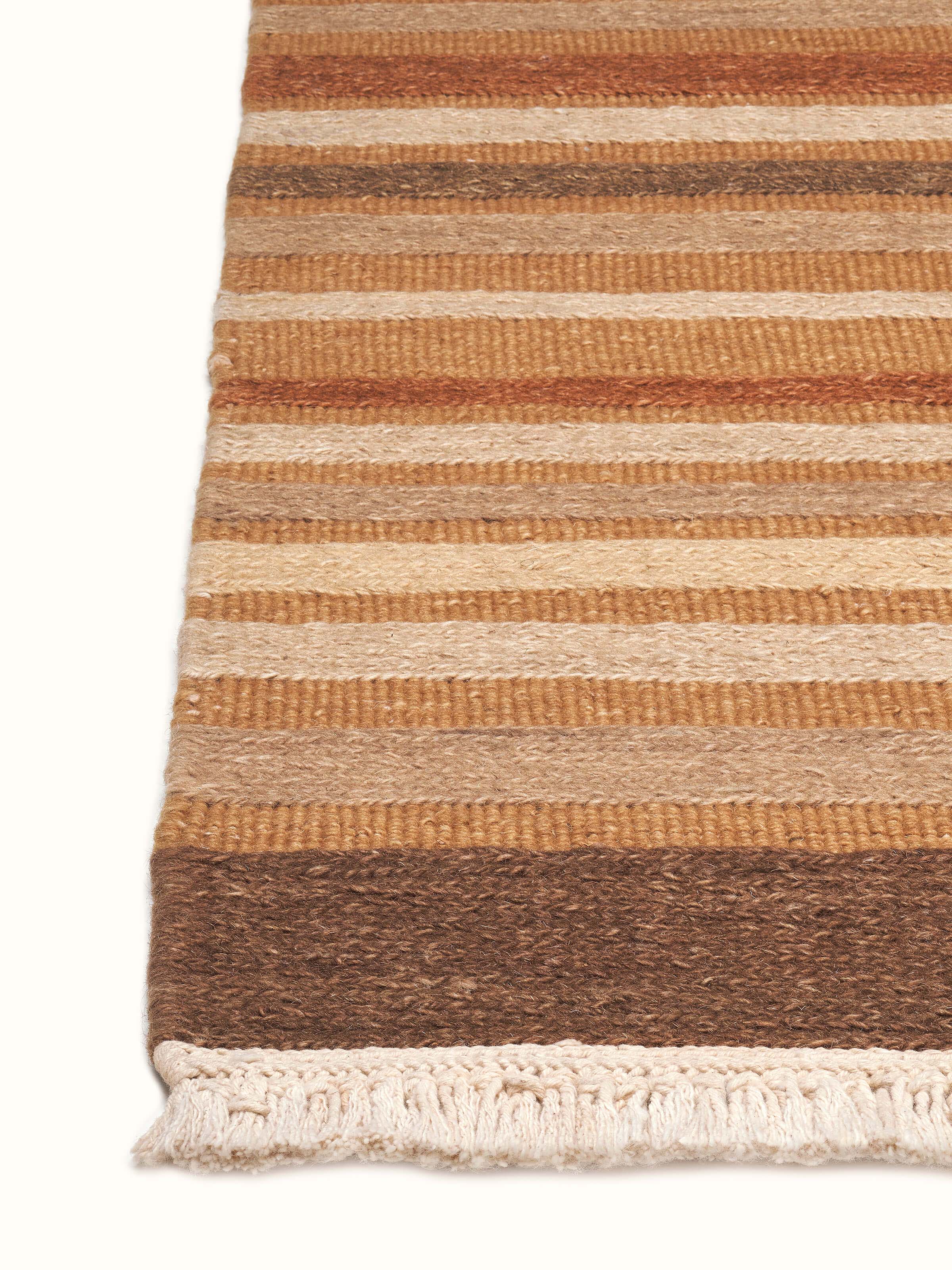 Detailed close-up of Geo solid textured sumak rust Bhadohi wool hand-knotted rug focusing on the intricate weaving and texture.