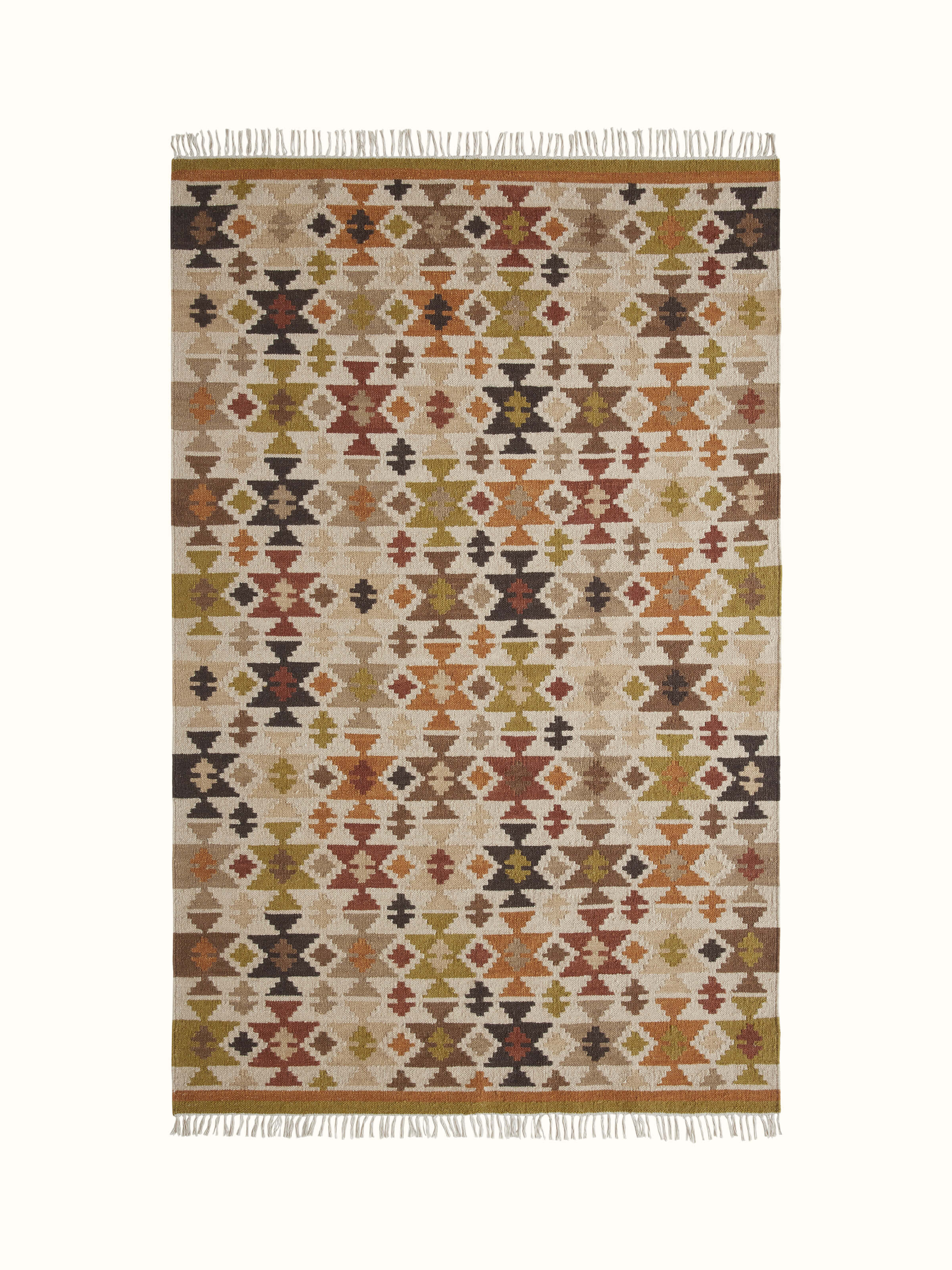 Full view of Graphic Geo Green Lawan wool panja dhurrie showcasing the geometric design and green color.