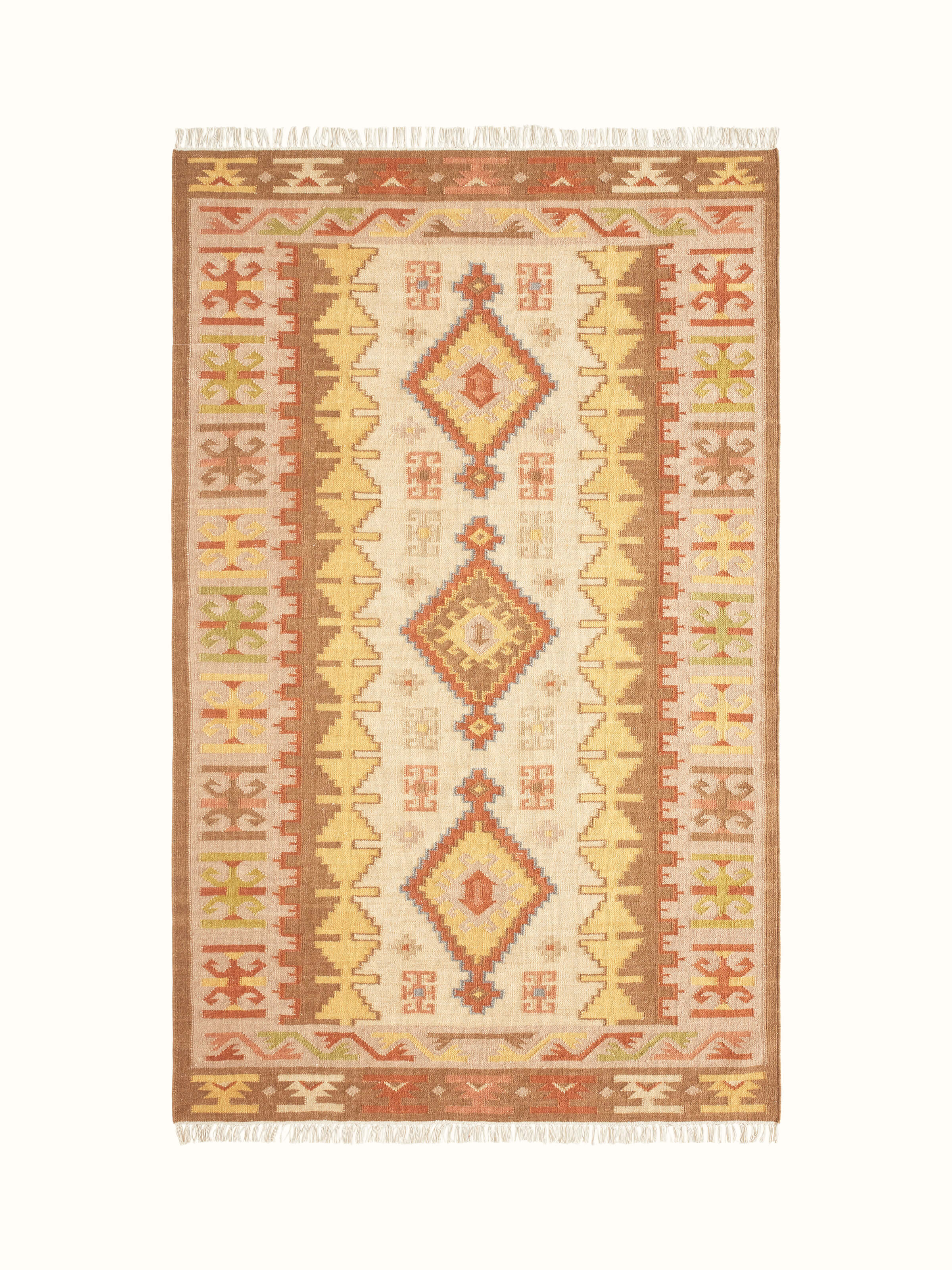 Front view of Traditional Kilim wool panja dhurrie highlighting the intricate kilim pattern and wool texture.