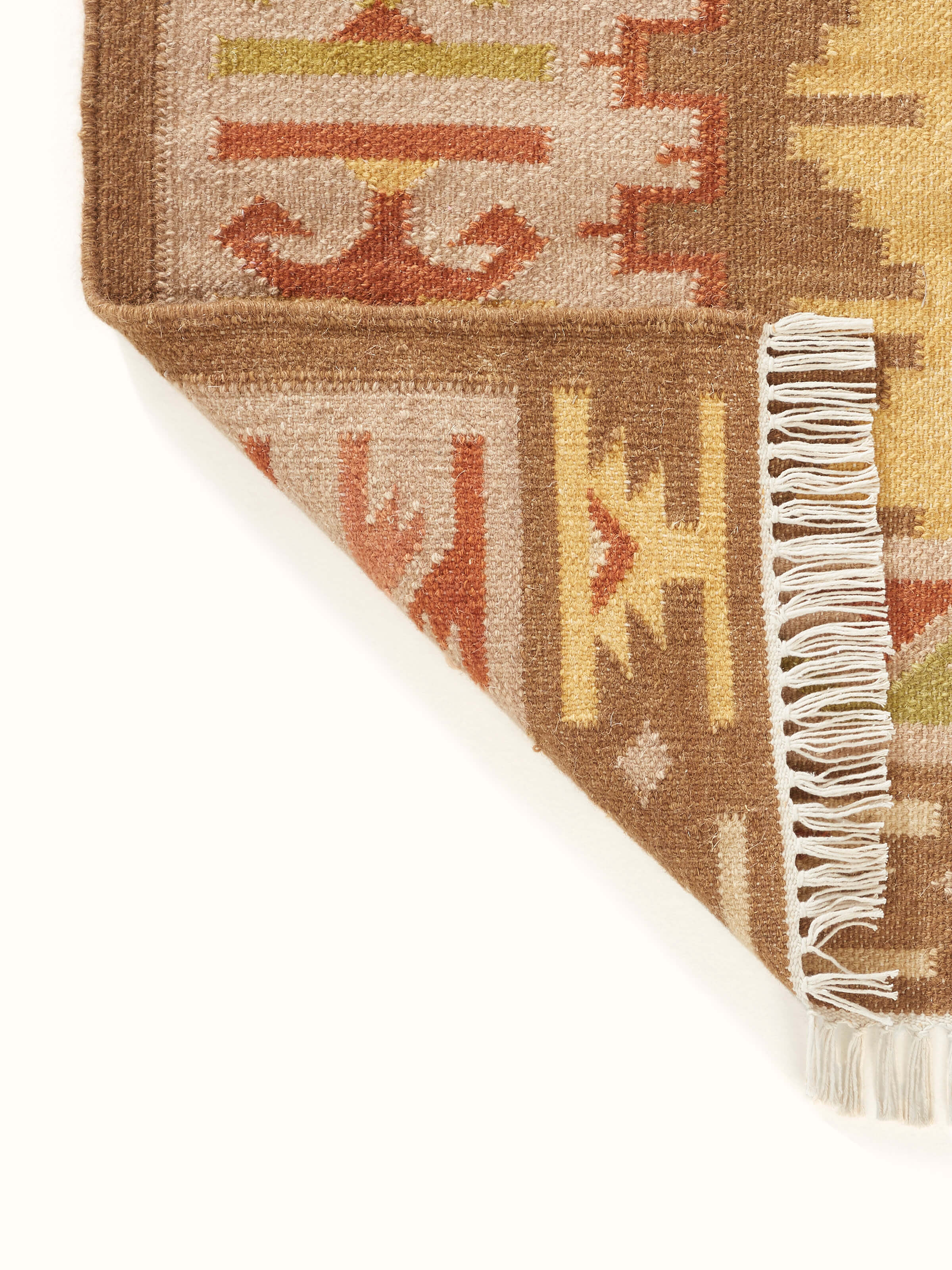 Full view of Traditional Kilim wool panja dhurrie showing the entire kilim design and woolen fabric.