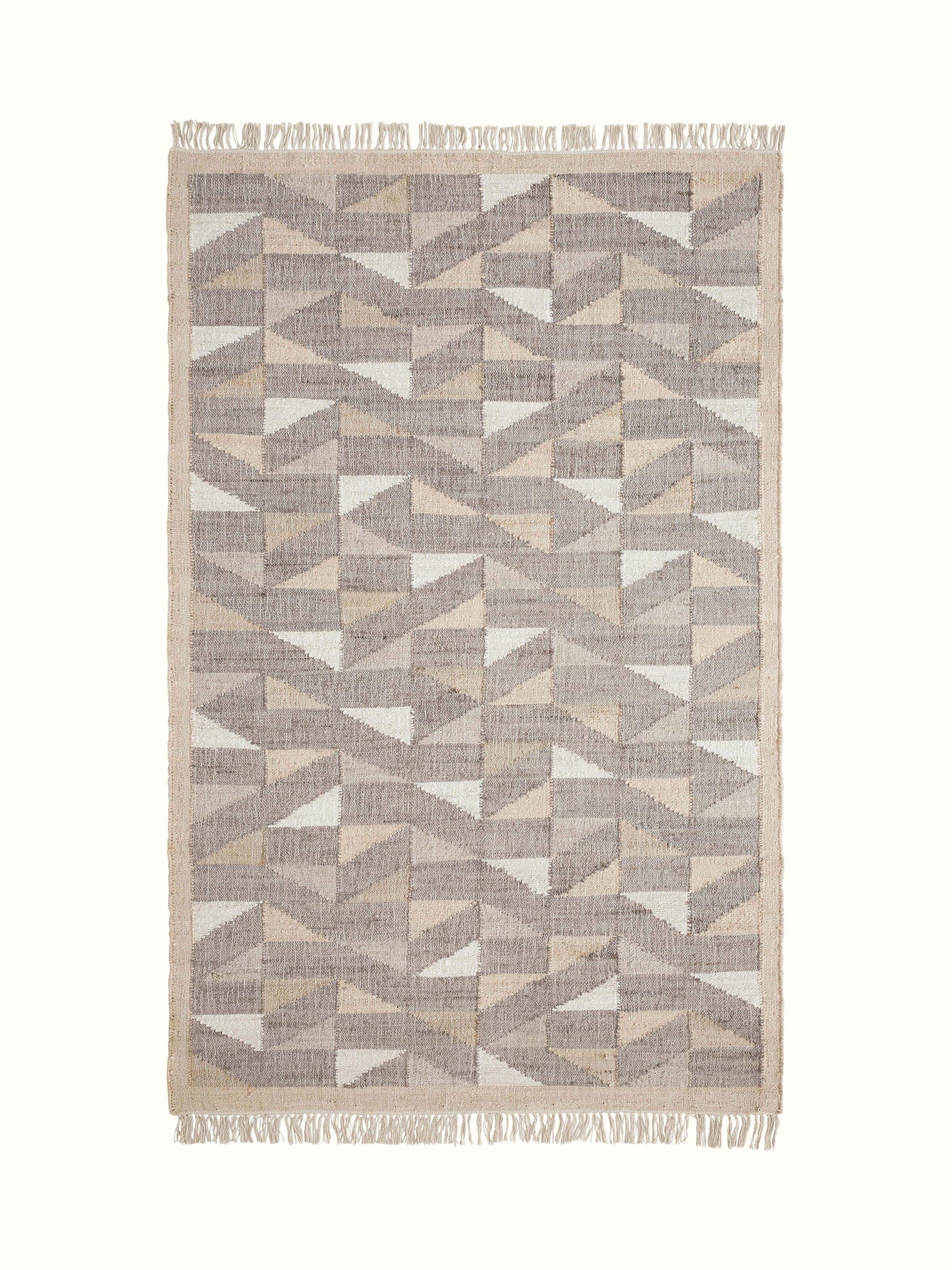Full view of Graphic geo beige brown jute natural fibre rug, featuring geometric patterns and natural jute texture.
