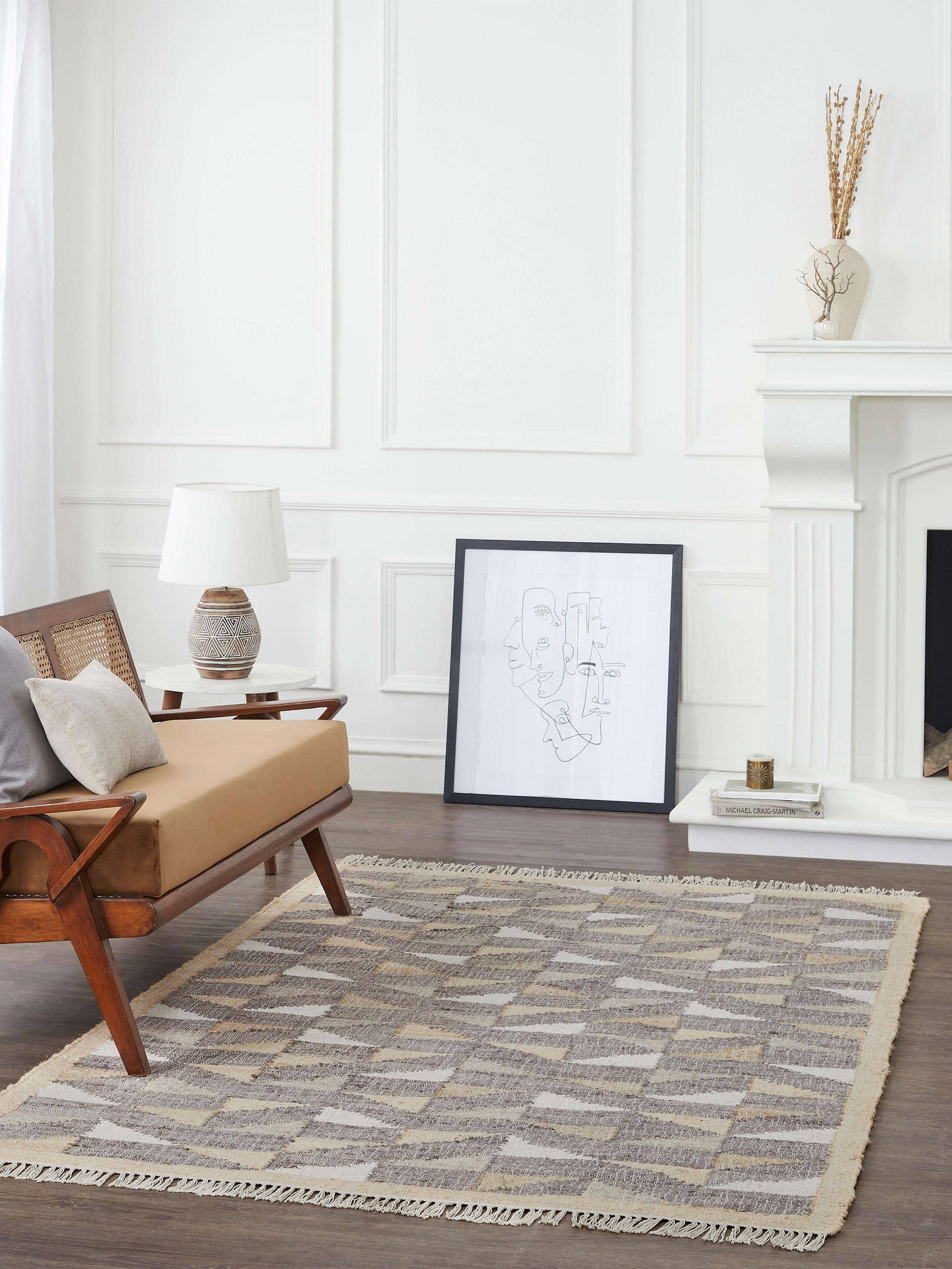 Close-up of Graphic geo beige brown jute natural fibre rug, highlighting the geometric design and jute texture.
